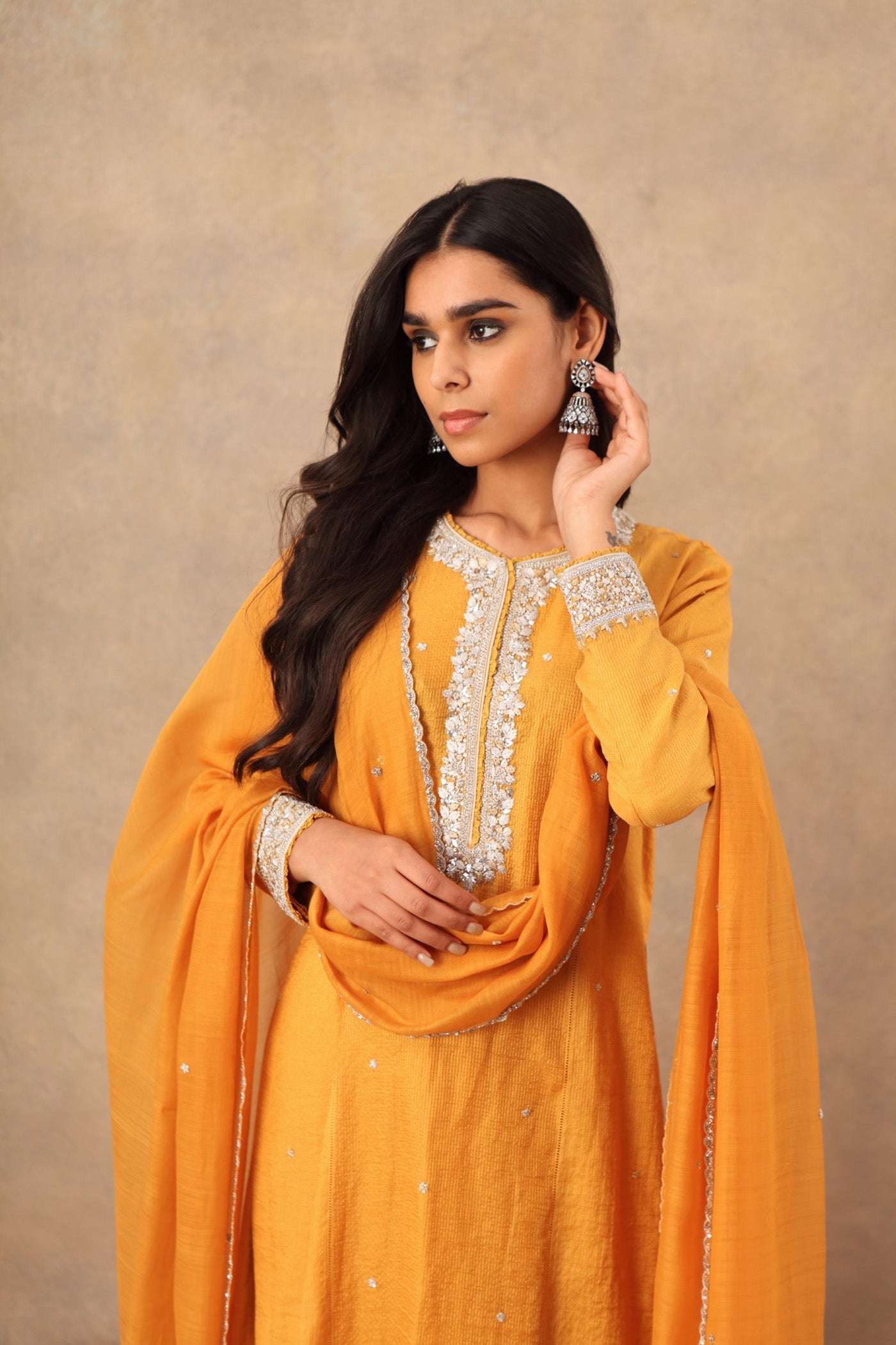 Hand Embroidered Turmeric Yellow Pure Cotton Silk Kurta Sharara Set