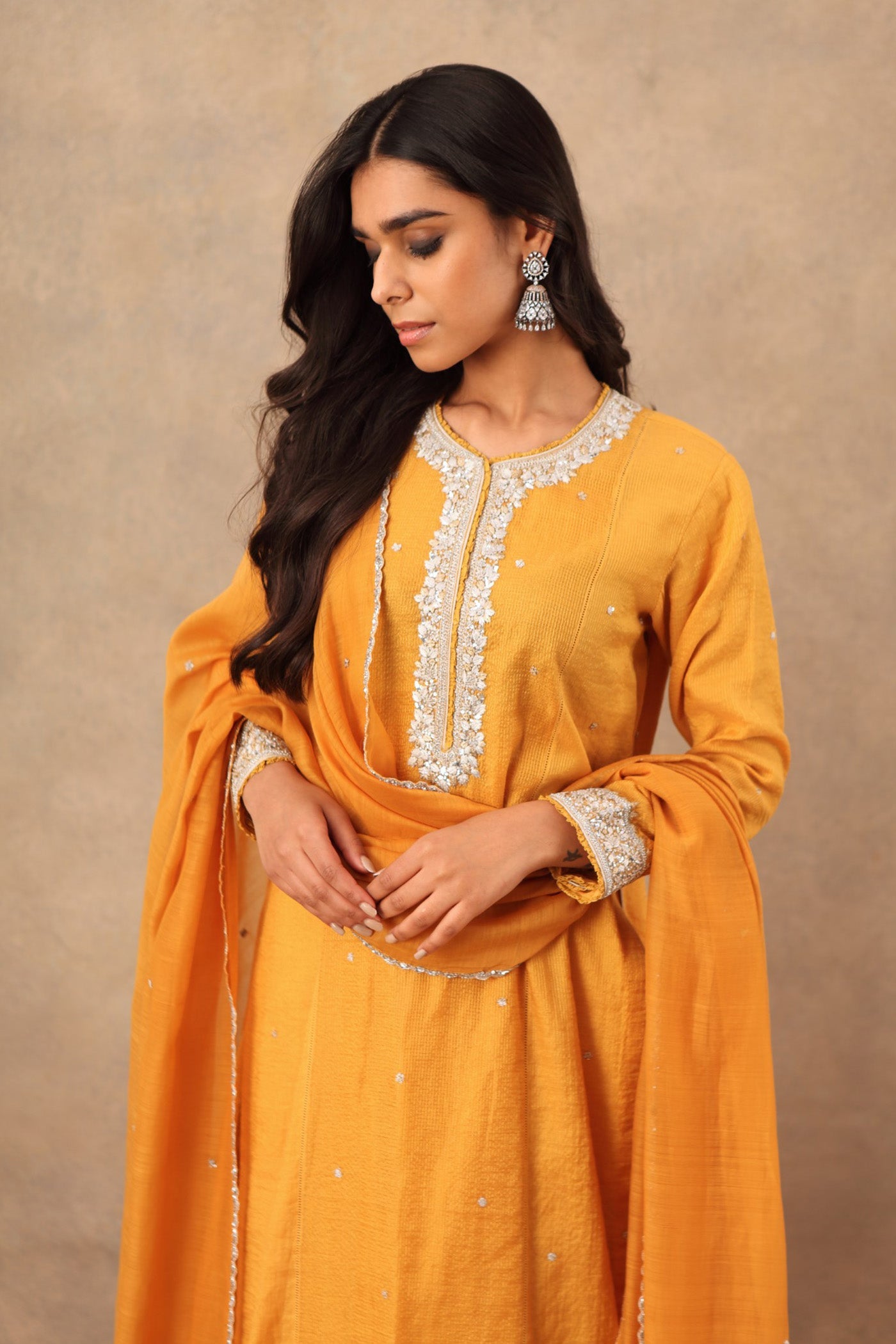 Hand Embroidered Turmeric Yellow Pure Cotton Silk Kurta Sharara Set