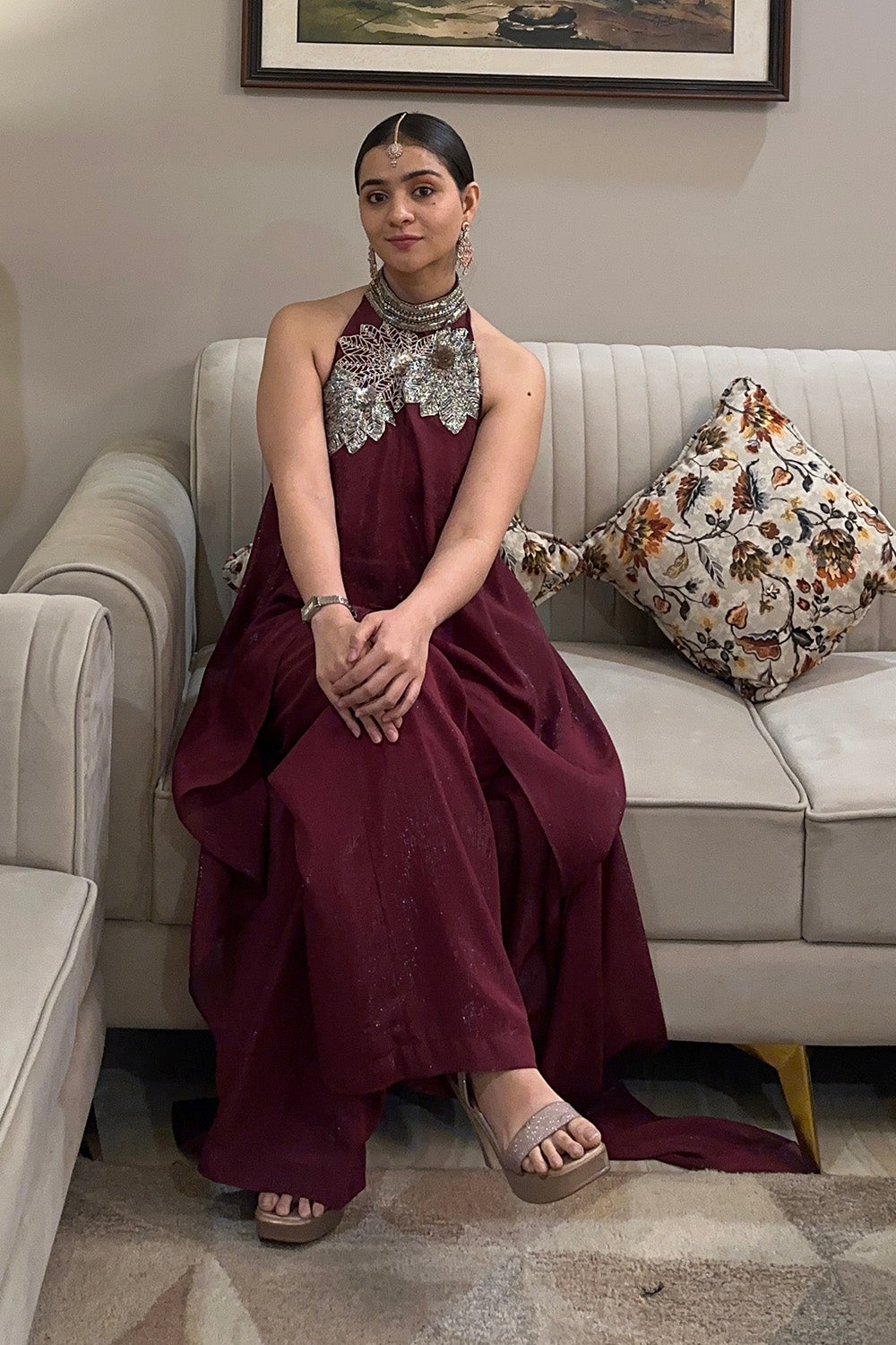 Myra Wine Satin Cape Set with Halter Neckband and Pants