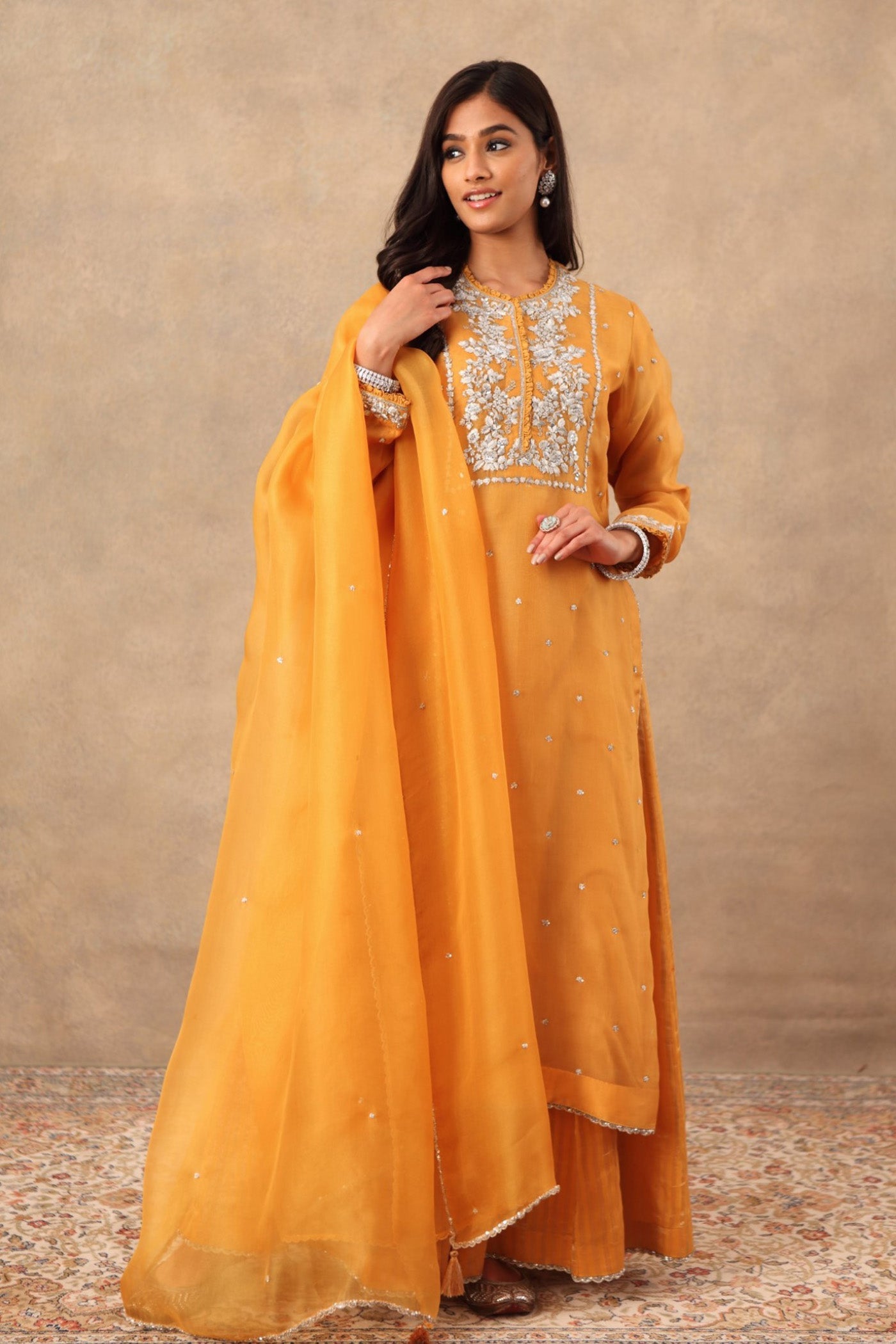 Hand Embroidered Mango Yellow Pure Silk Organza Kurta Sharara Set