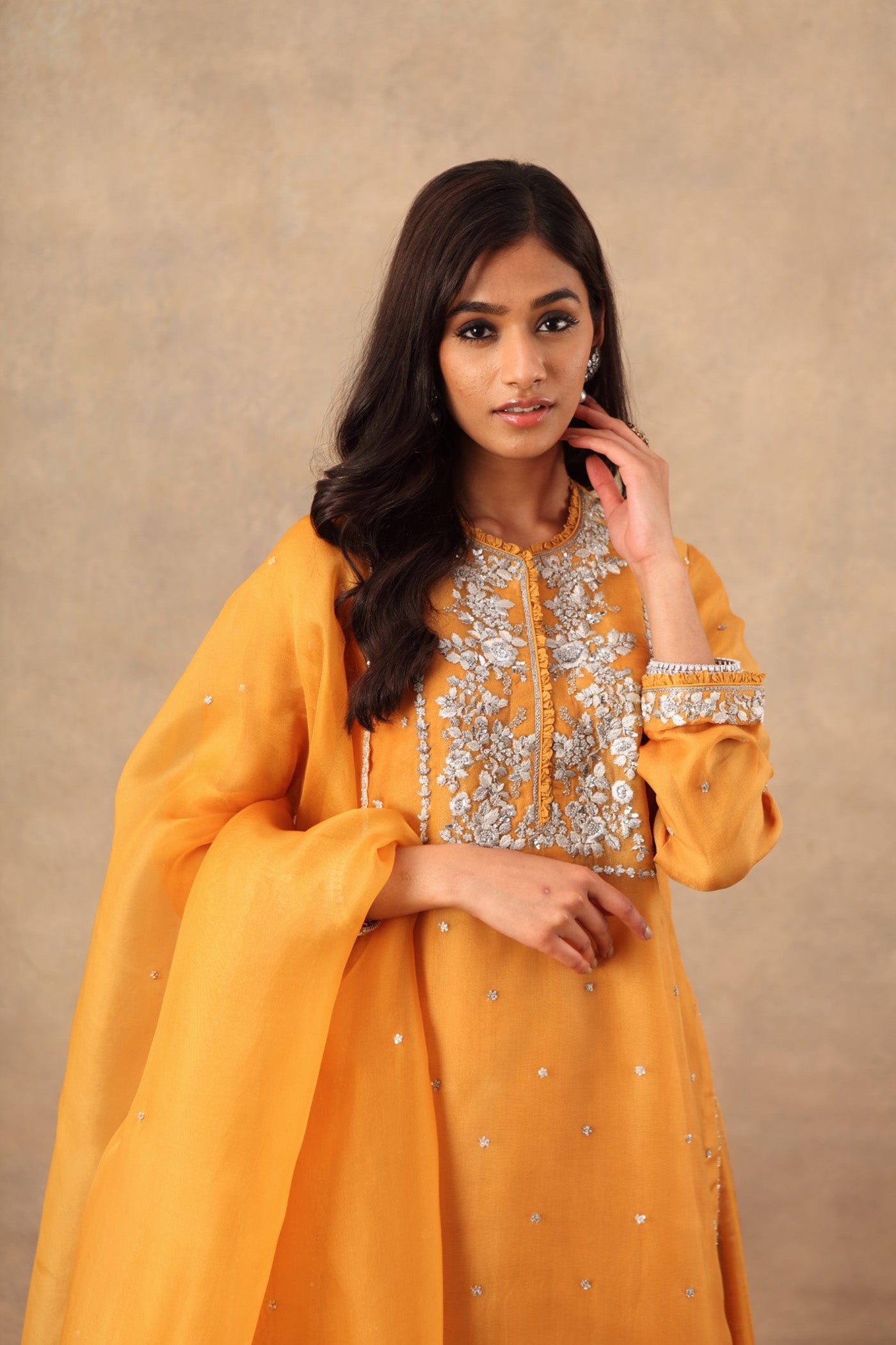Hand Embroidered Mango Yellow Pure Silk Organza Kurta Sharara Set