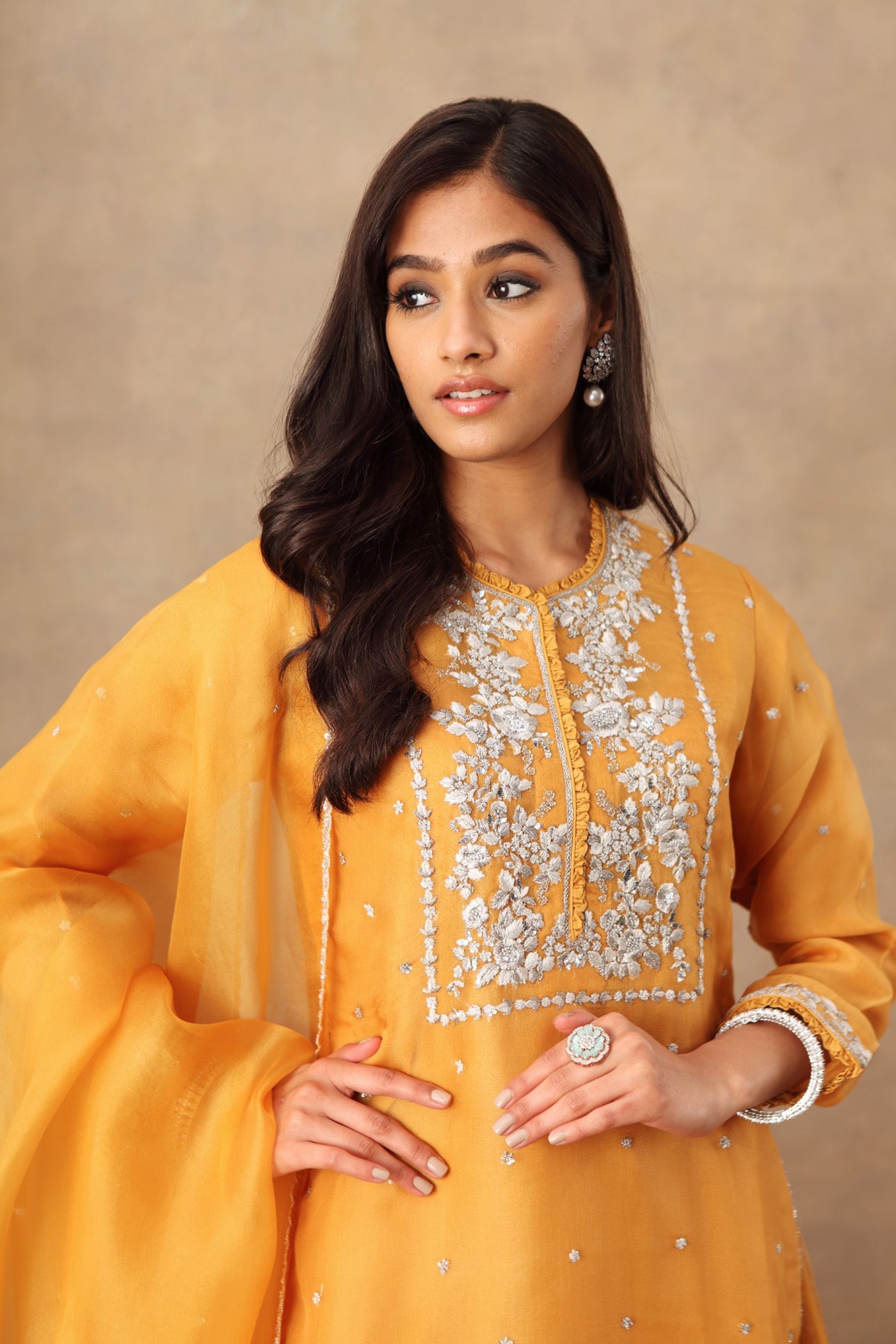 Hand Embroidered Mango Yellow Pure Silk Organza Kurta Sharara Set