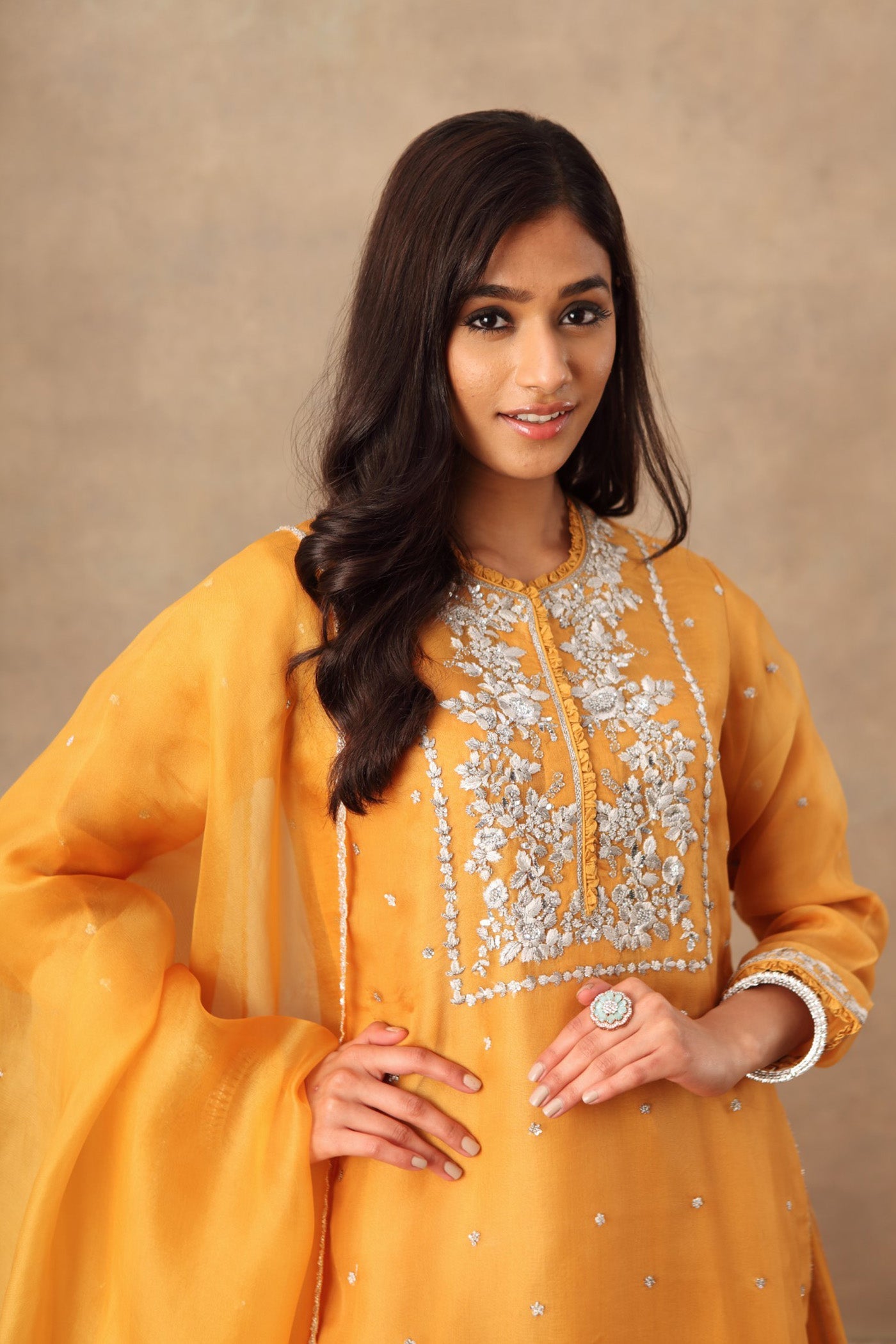 Hand Embroidered Mango Yellow Pure Silk Organza Kurta Sharara Set