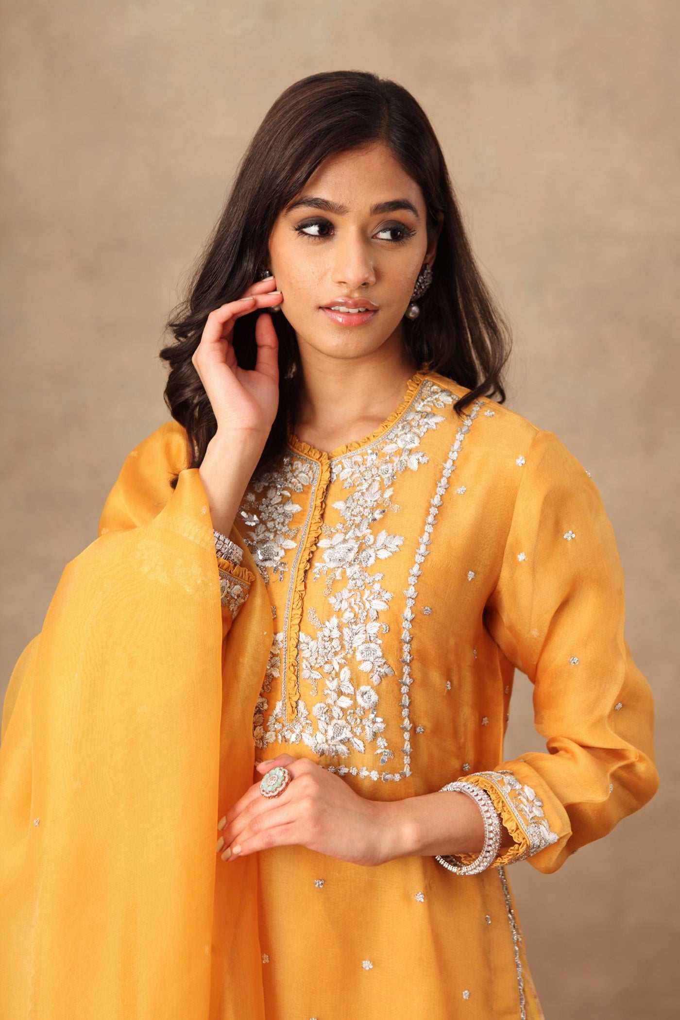 Hand Embroidered Mango Yellow Pure Silk Organza Kurta Sharara Set