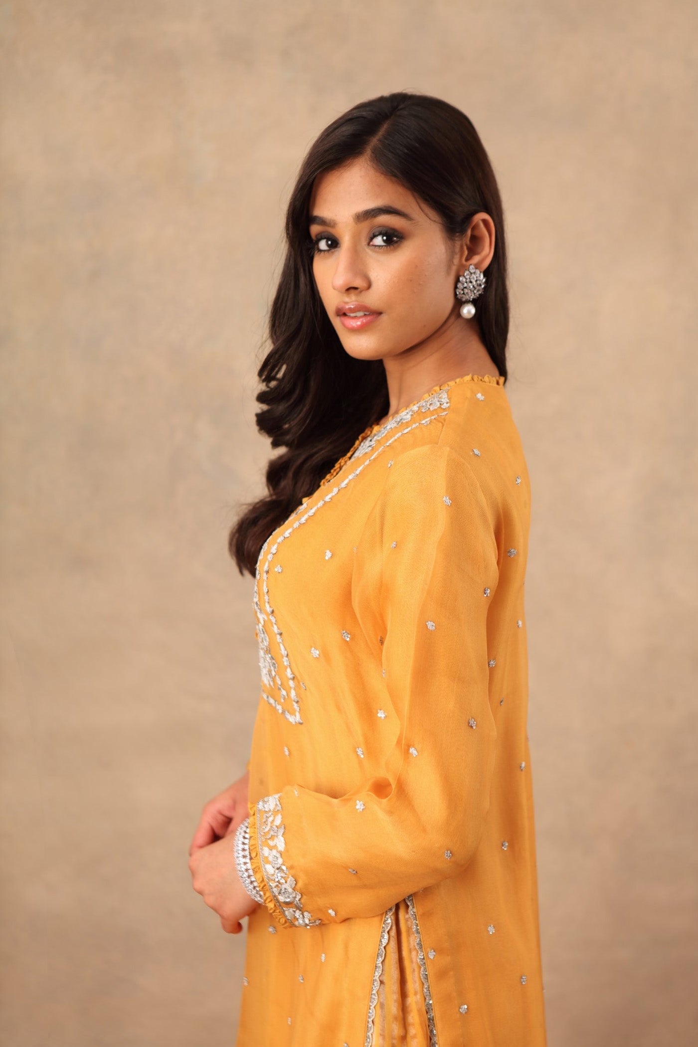 Hand Embroidered Mango Yellow Pure Silk Organza Kurta Sharara Set