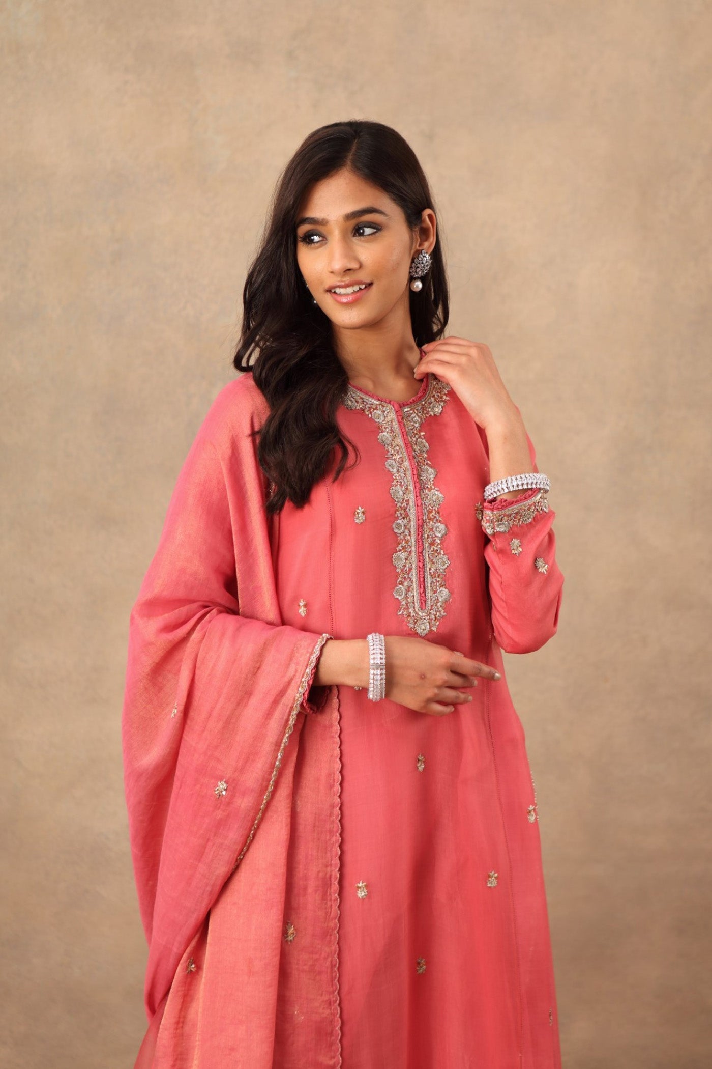 Hand Embroidered Tea Rose Pure Katan Silk Kurta Palazzo Set