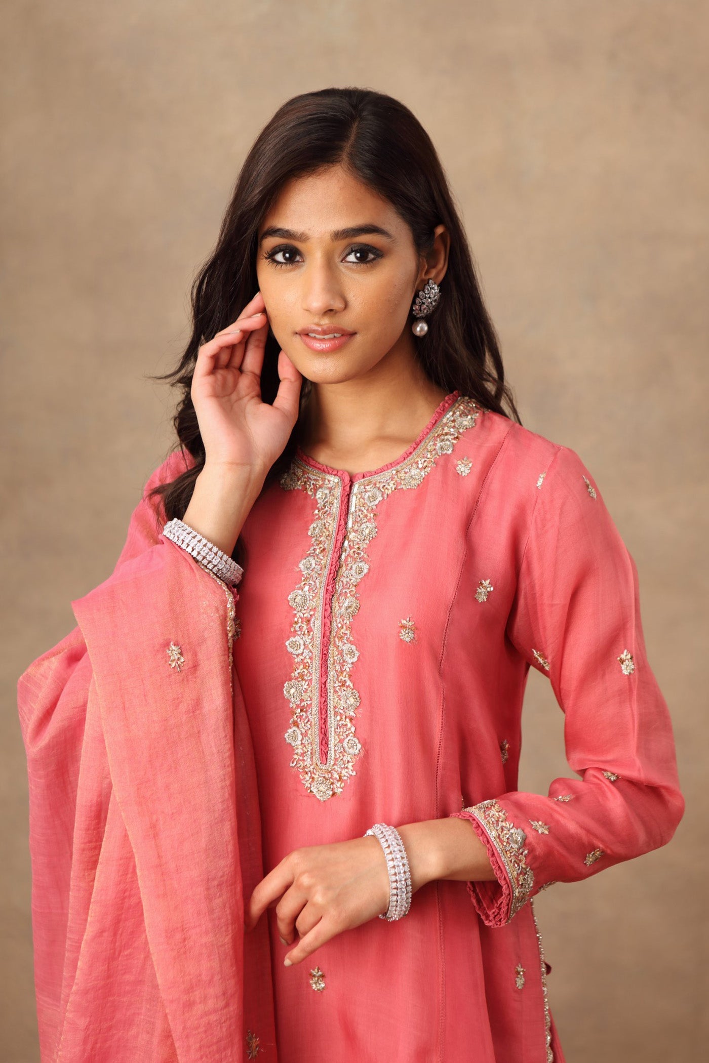 Hand Embroidered Tea Rose Pure Katan Silk Kurta Palazzo Set