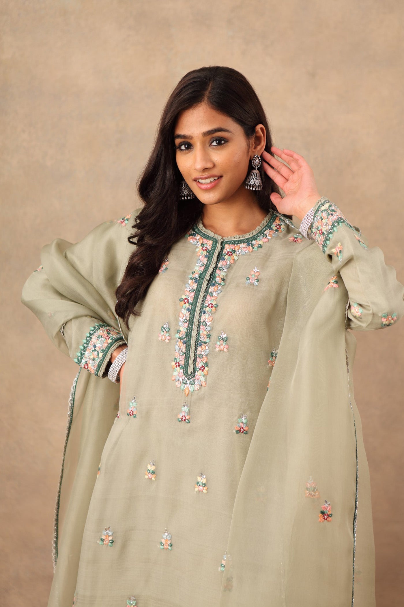 Hand Embroidered Fern Green Pure Katan Silk Kurta Palazzo Set