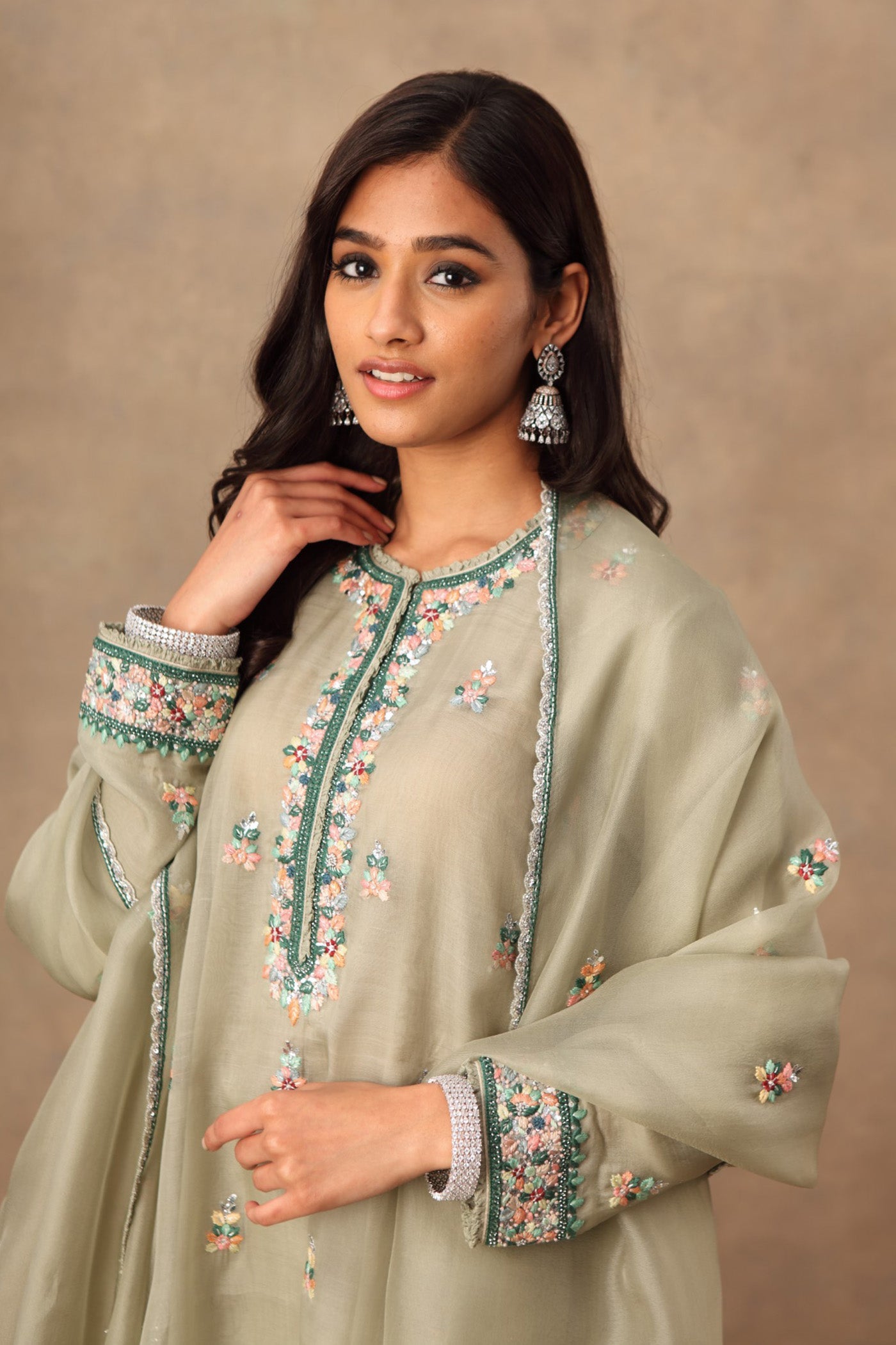 Hand Embroidered Fern Green Pure Katan Silk Kurta Palazzo Set