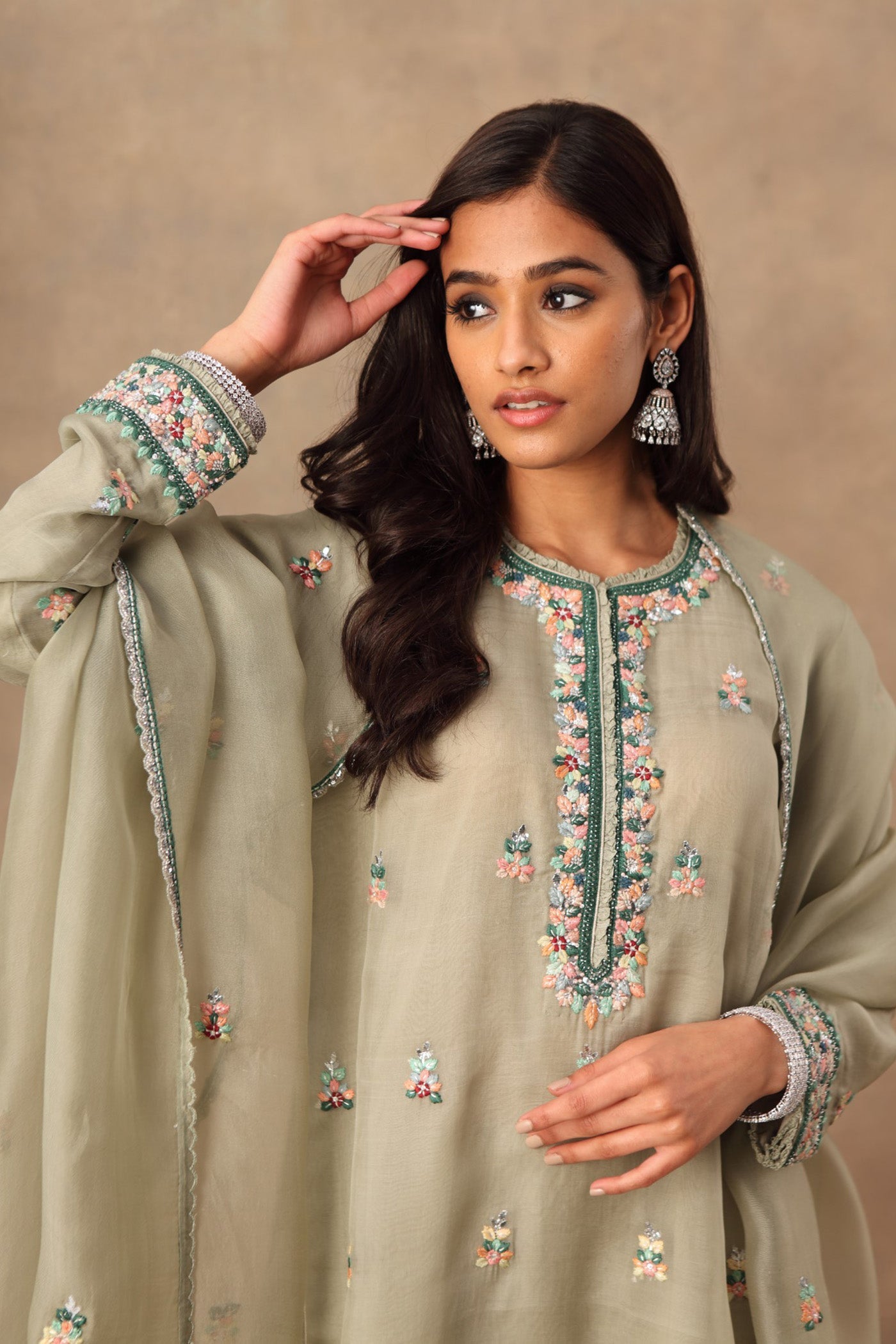 Hand Embroidered Fern Green Pure Katan Silk Kurta Palazzo Set