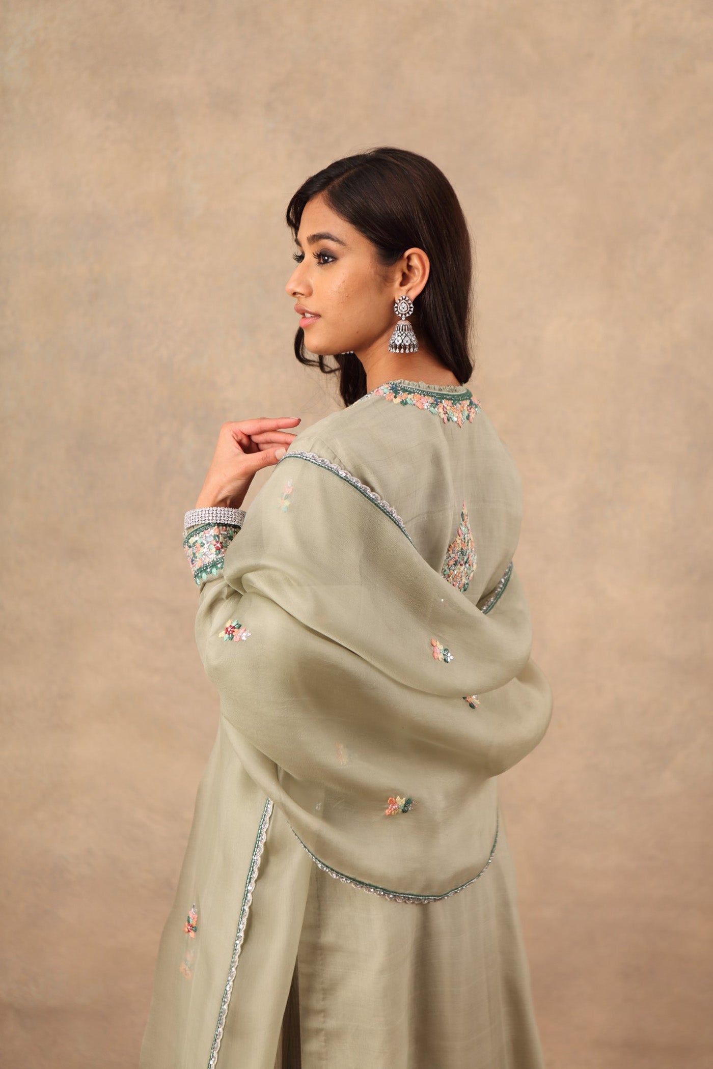 Hand Embroidered Fern Green Pure Katan Silk Kurta Palazzo Set