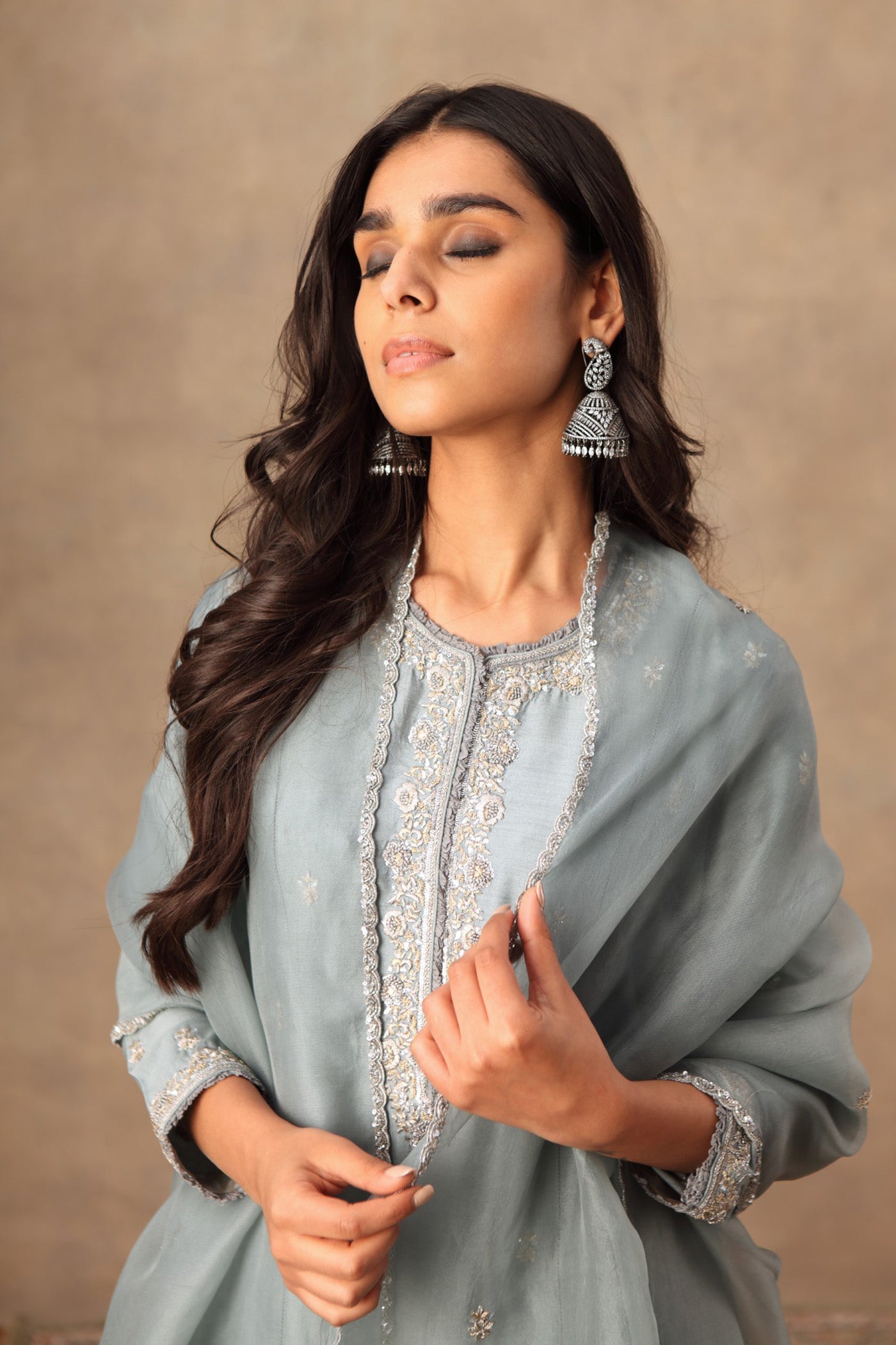 Hand Embroidered Dusty Blue Pure Muga Silk Kurta Palazzo Set