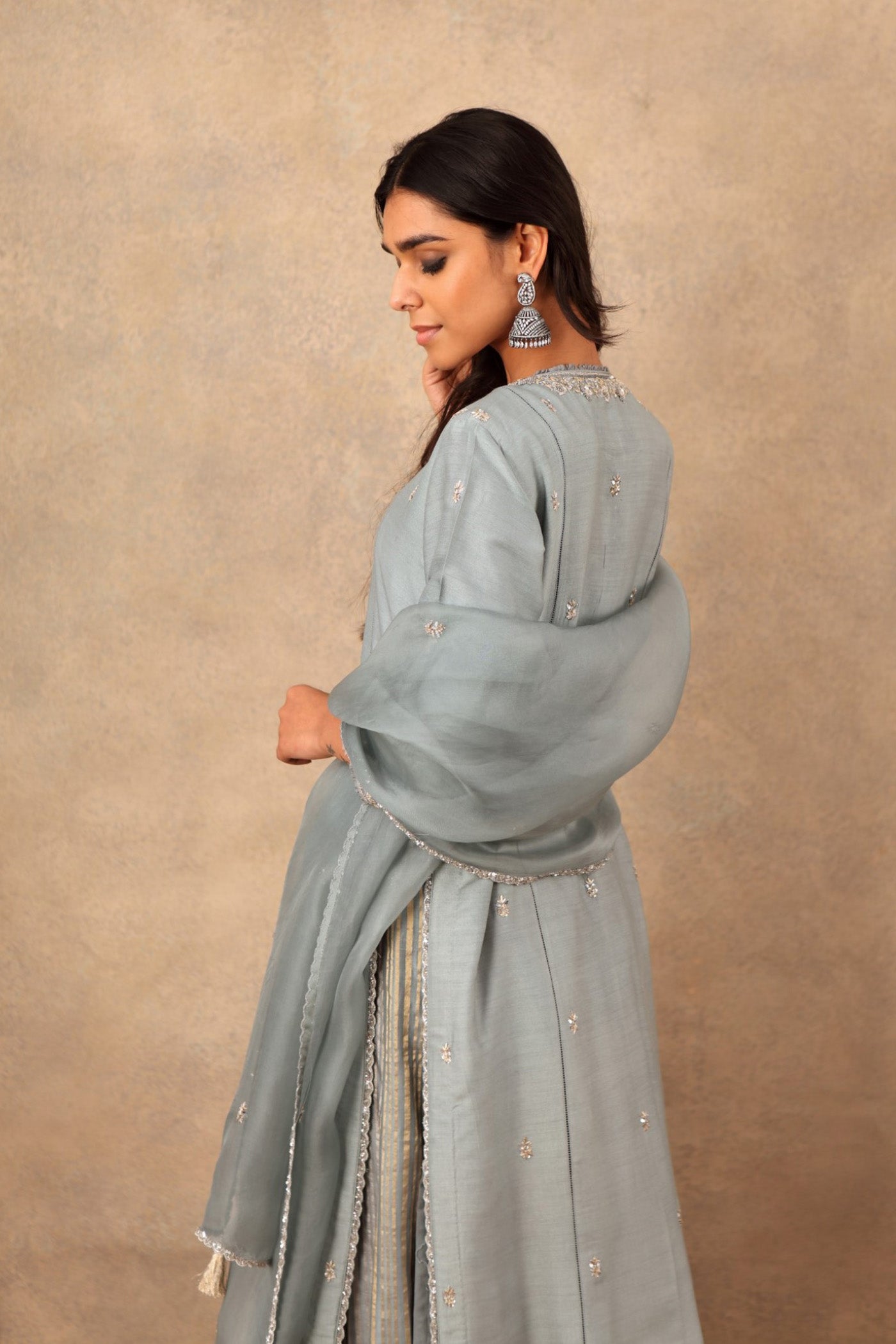 Hand Embroidered Dusty Blue Pure Muga Silk Kurta Palazzo Set