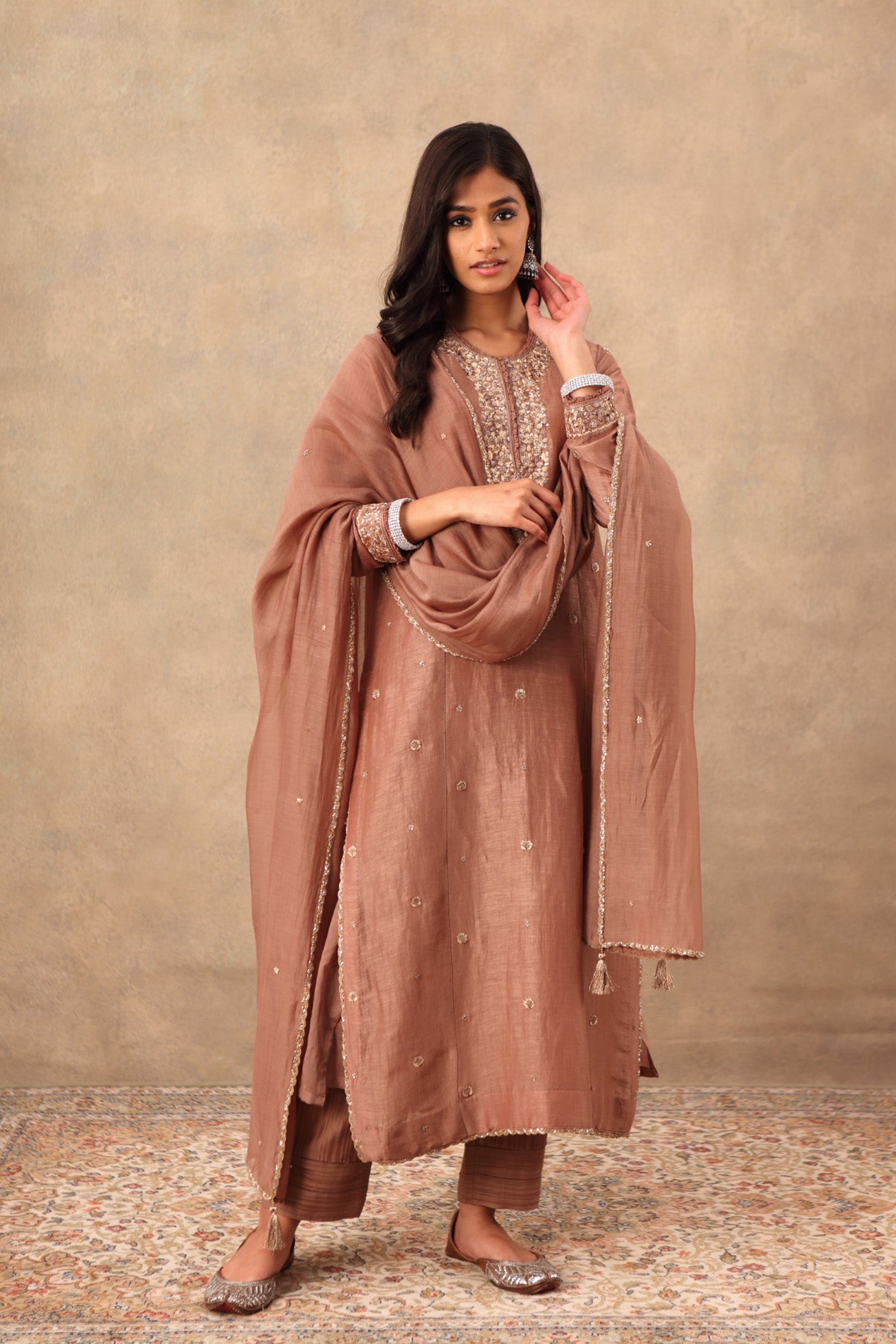 Hand Embroidered Dusty Brown Pure Linen Silk Kurta Pants Set