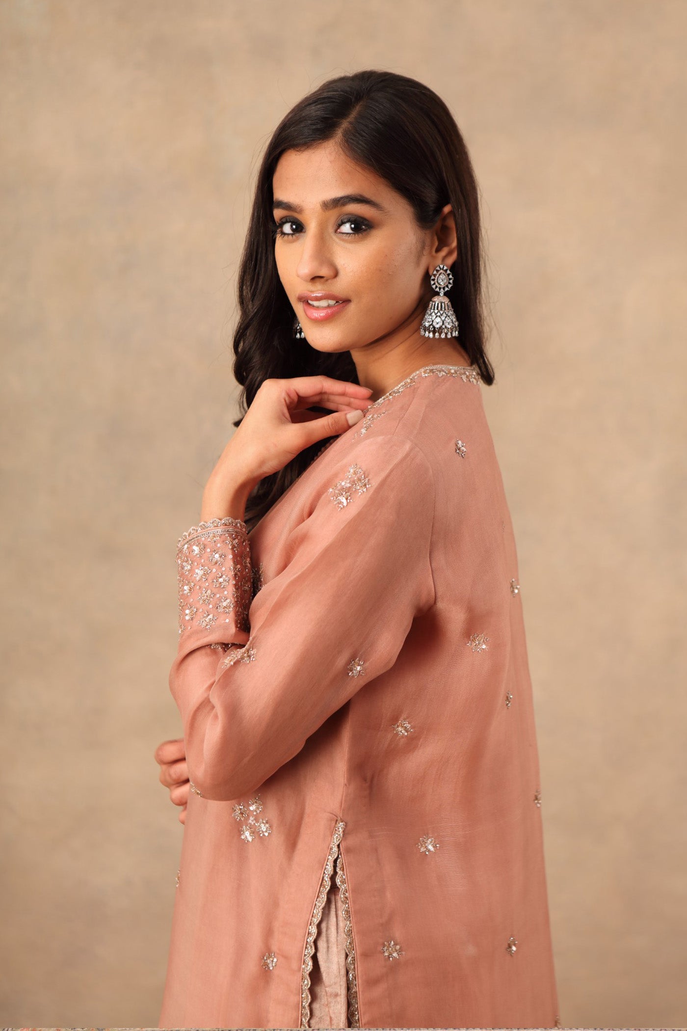 Hand Embroidered Rose Brown Pure Silk Organza Kurta Sharara Set