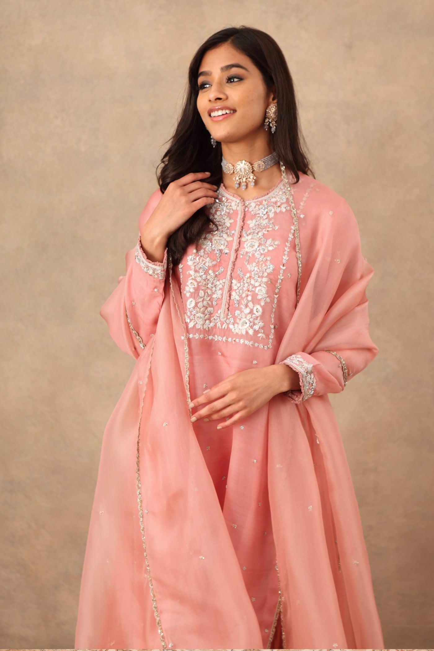 Hand Embroidered Nectar Pink Pure Katan Silk Kurta Sharara Set