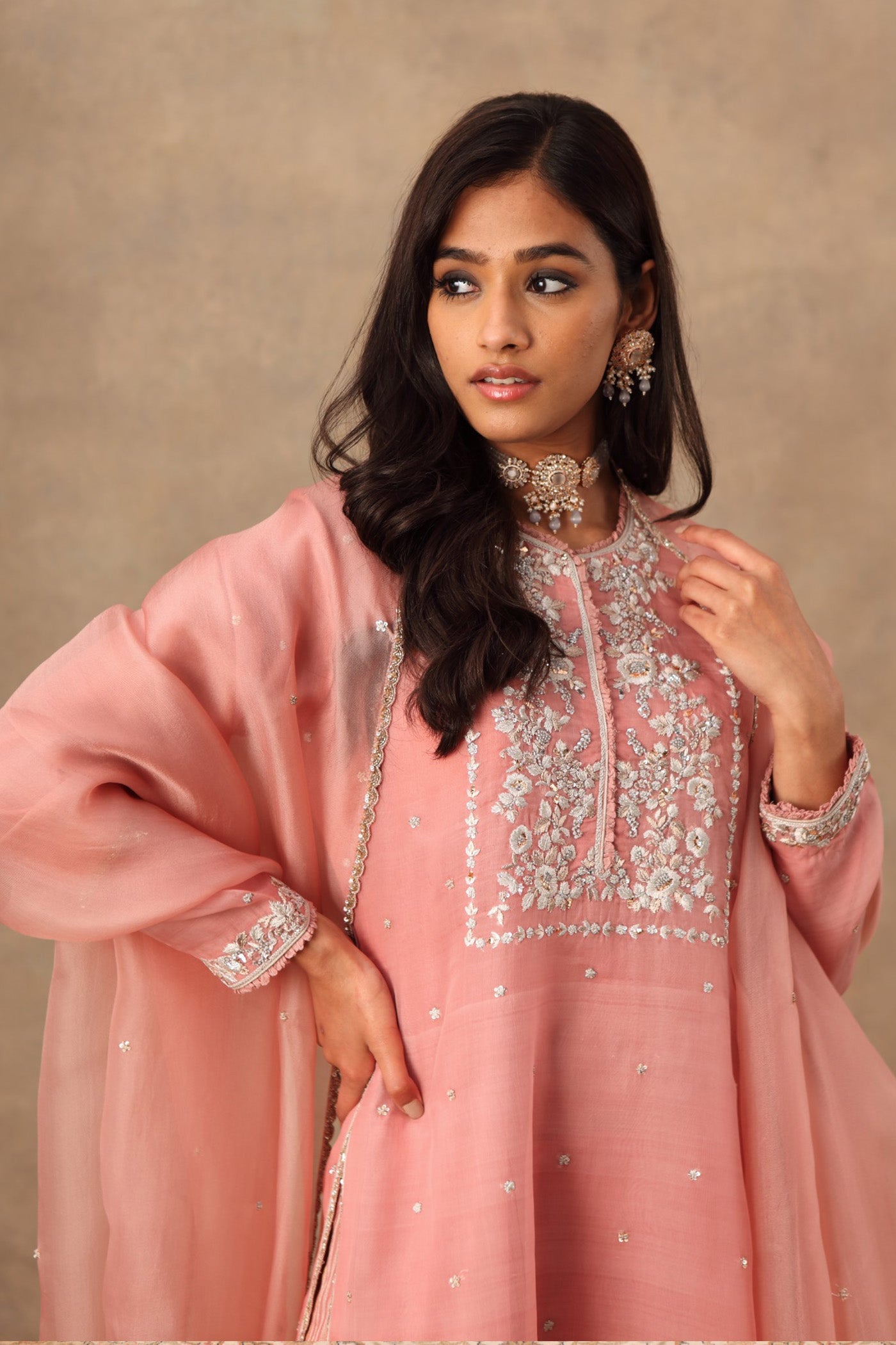 Hand Embroidered Nectar Pink Pure Katan Silk Kurta Sharara Set