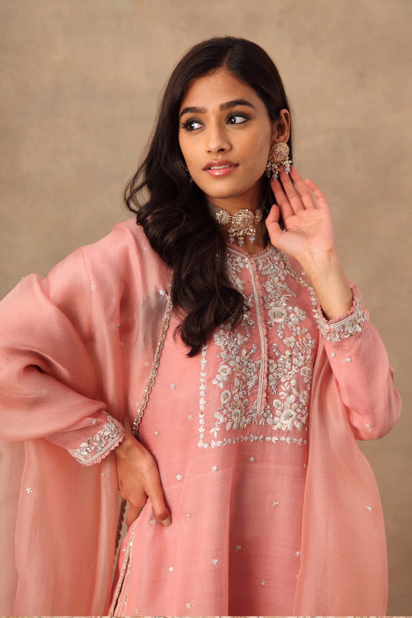 Hand Embroidered Nectar Pink Pure Katan Silk Kurta Sharara Set