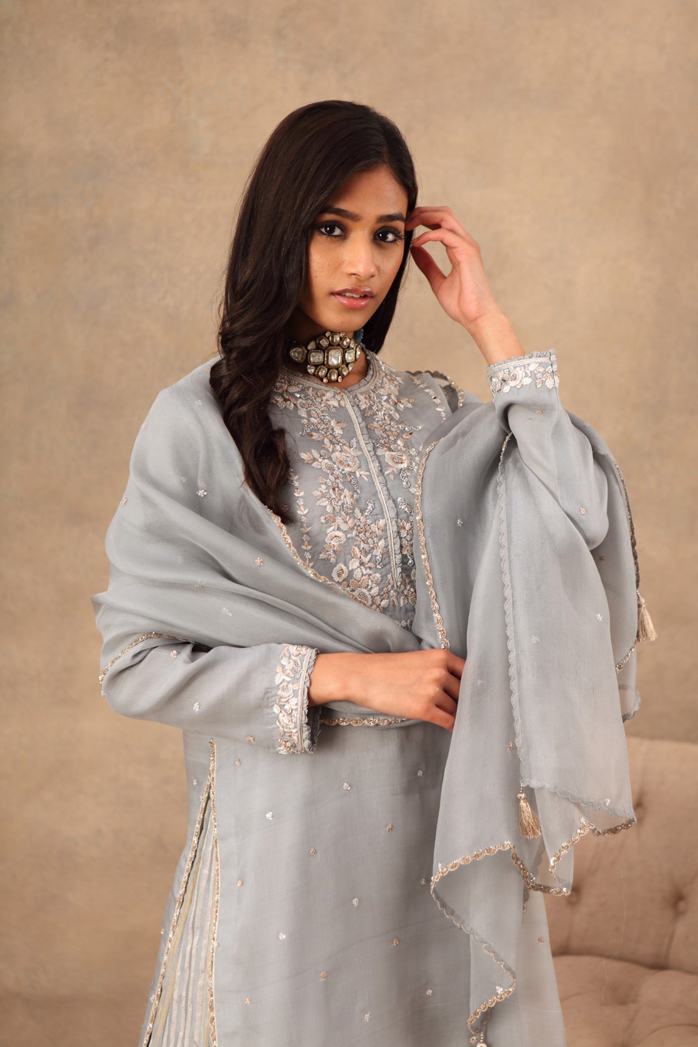 Hand Embroidered Dusty Blue Pure Katan Silk Kurta Sharara Set