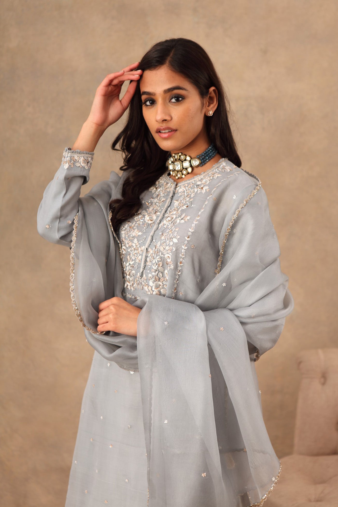 Hand Embroidered Dusty Blue Pure Katan Silk Kurta Sharara Set