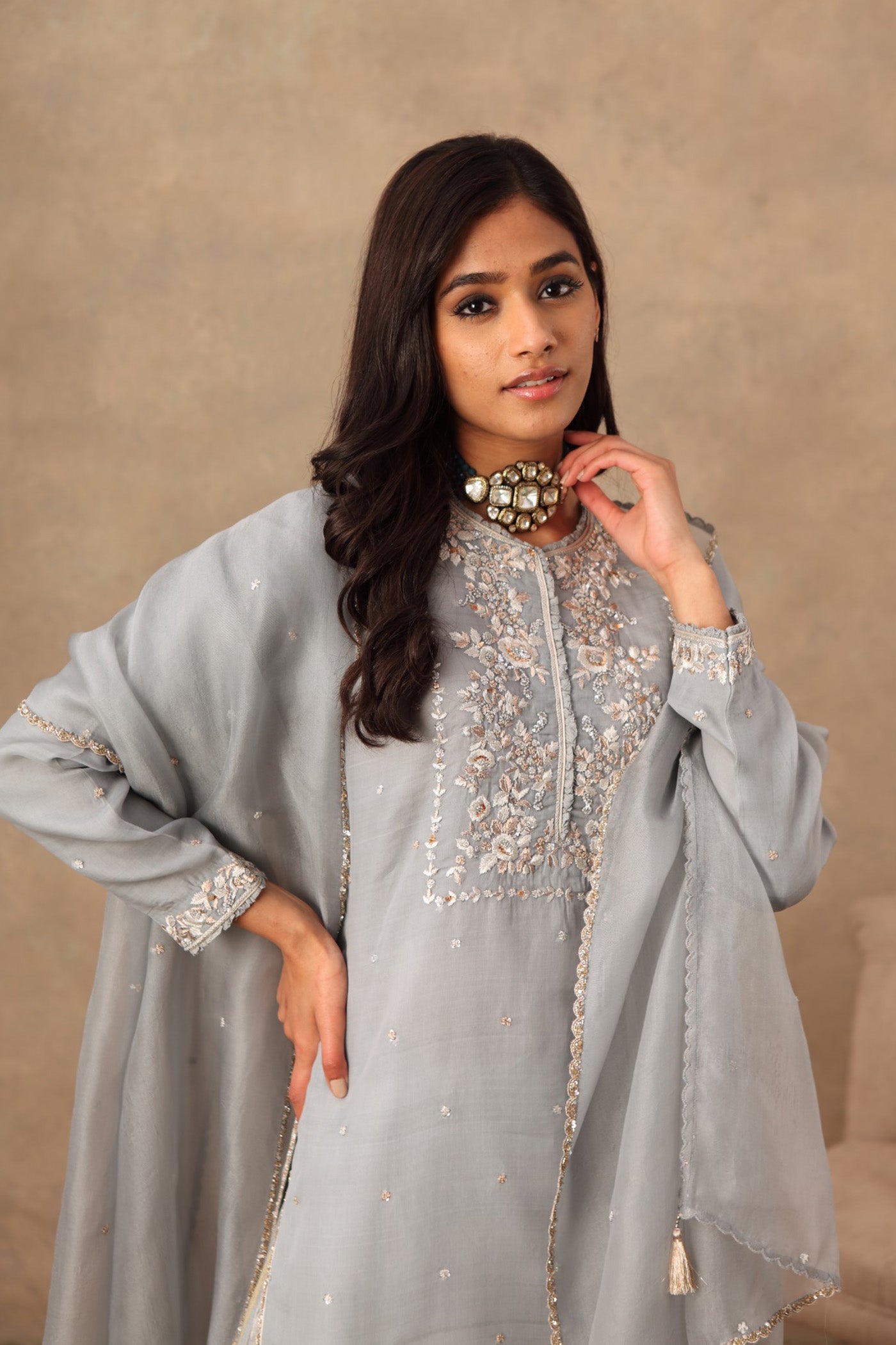 Hand Embroidered Dusty Blue Pure Katan Silk Kurta Sharara Set