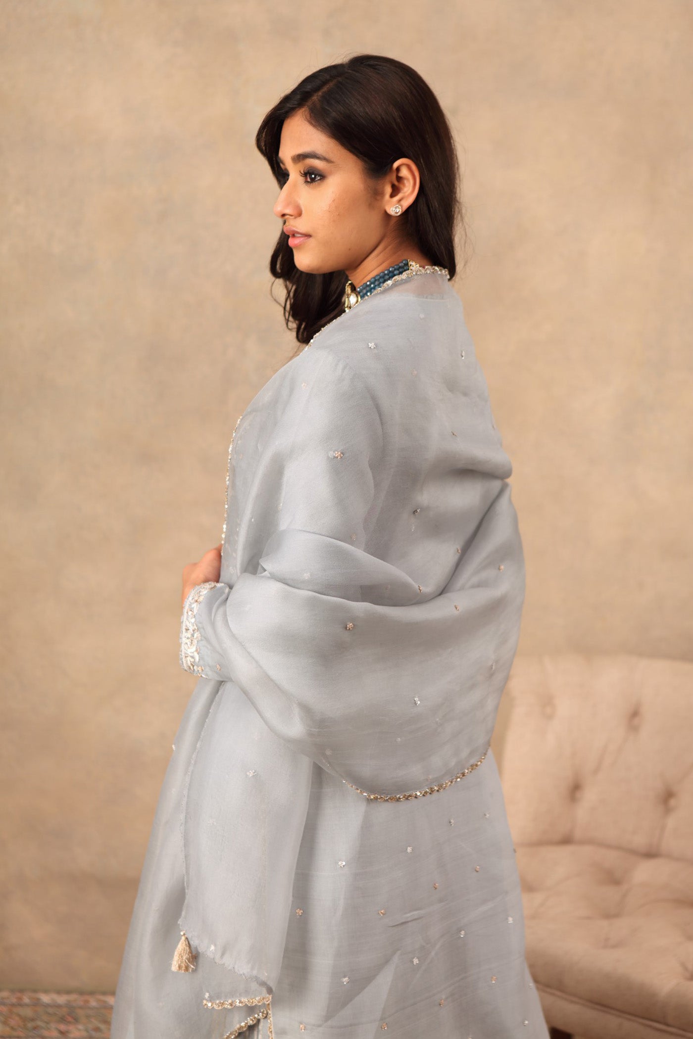 Hand Embroidered Dusty Blue Pure Katan Silk Kurta Sharara Set