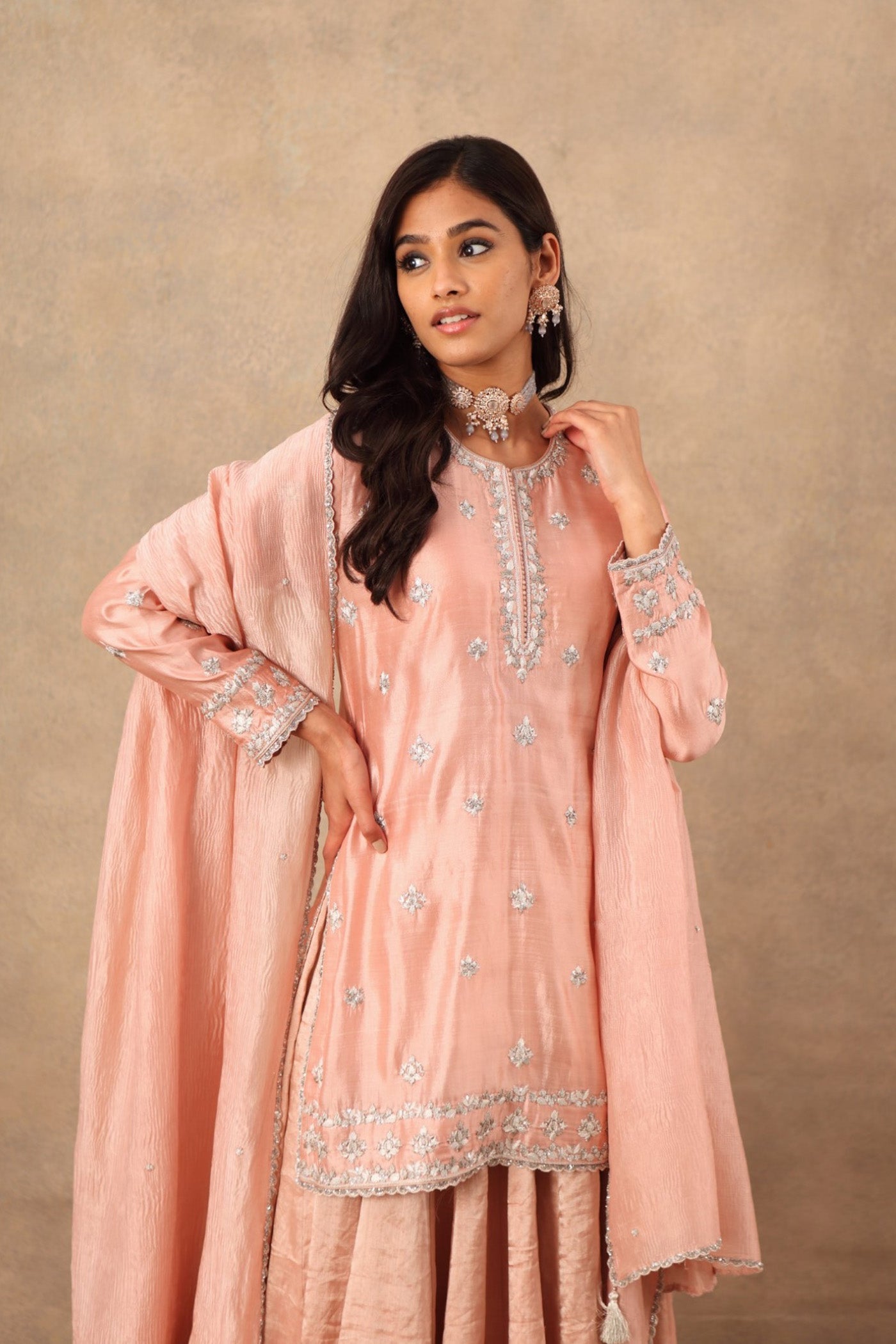 Hand Embroidered Baby Pink Pure Pattu Silk Short Kurta Sharara Set