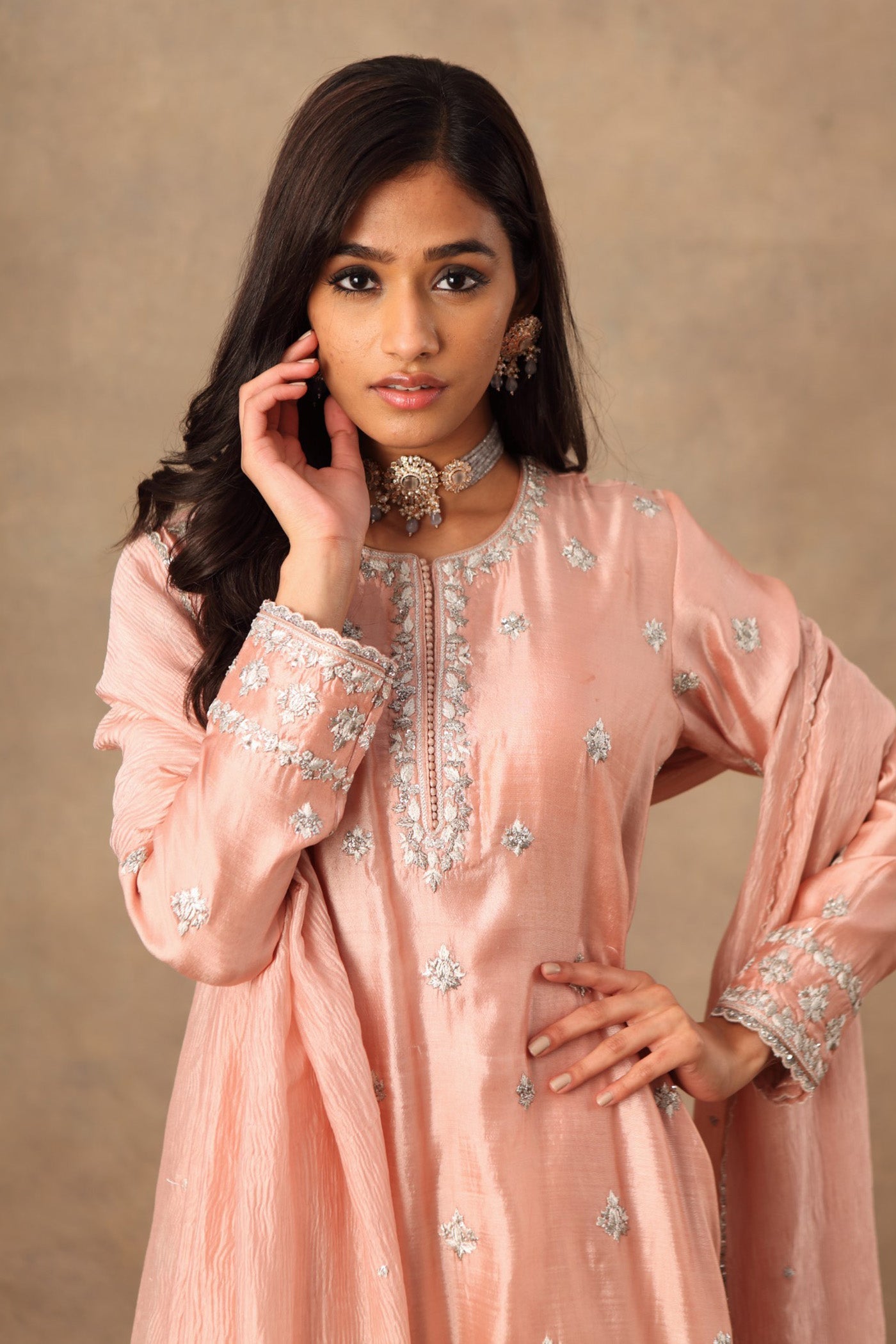 Hand Embroidered Baby Pink Pure Pattu Silk Short Kurta Sharara Set