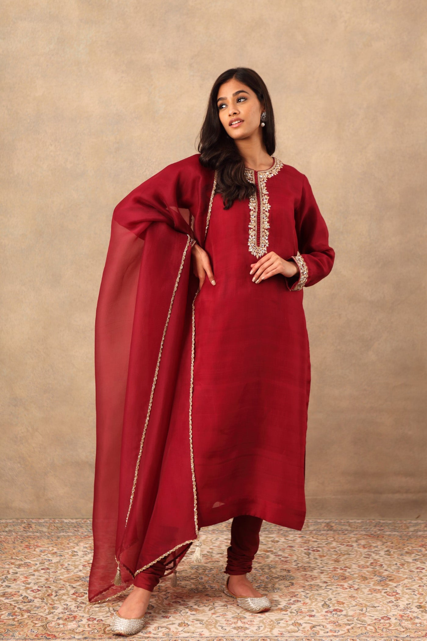 Hand Embroidered Wine Coloured Pure Katan Silk Kurta Churidaar Set
