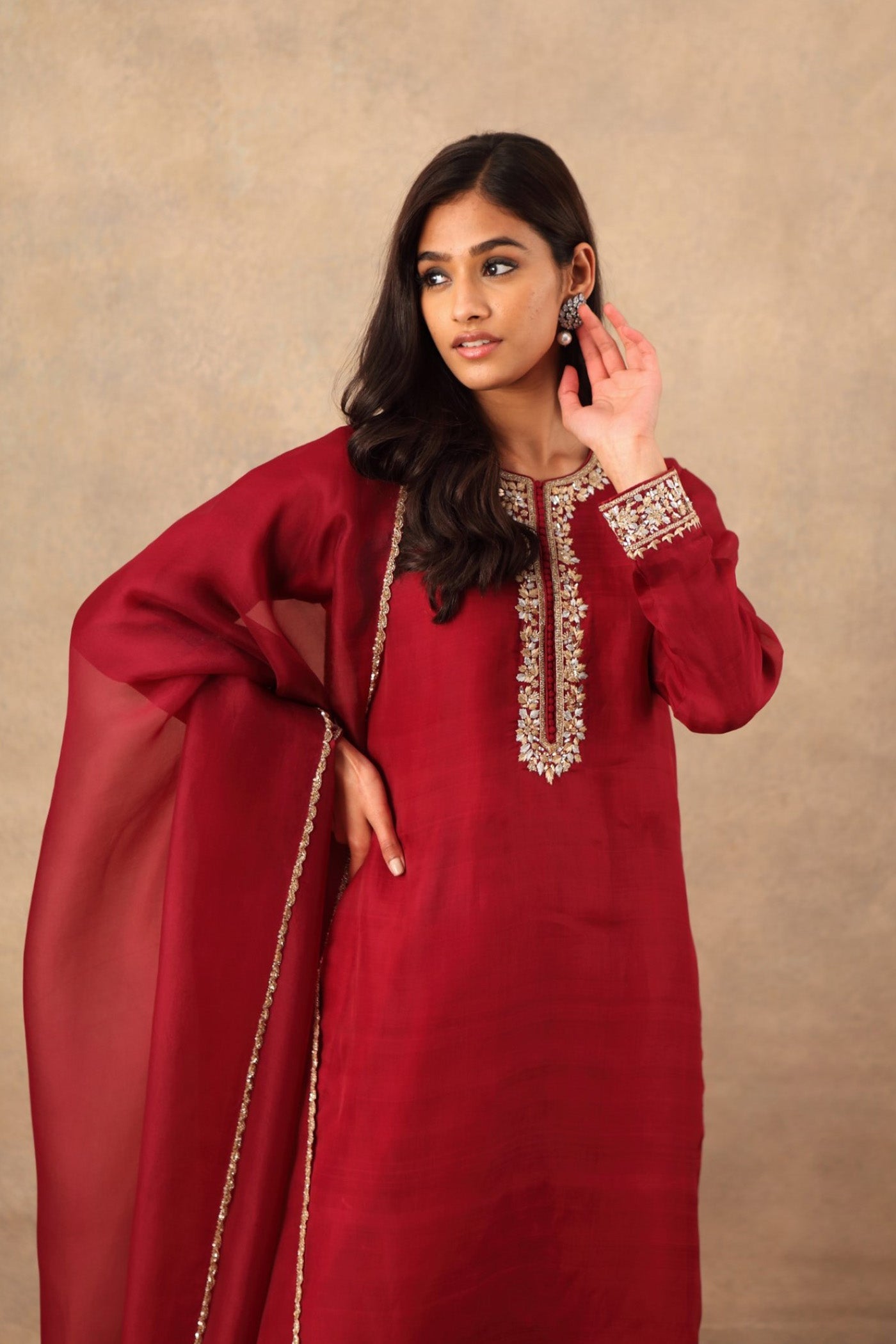Hand Embroidered Wine Coloured Pure Katan Silk Kurta Churidaar Set