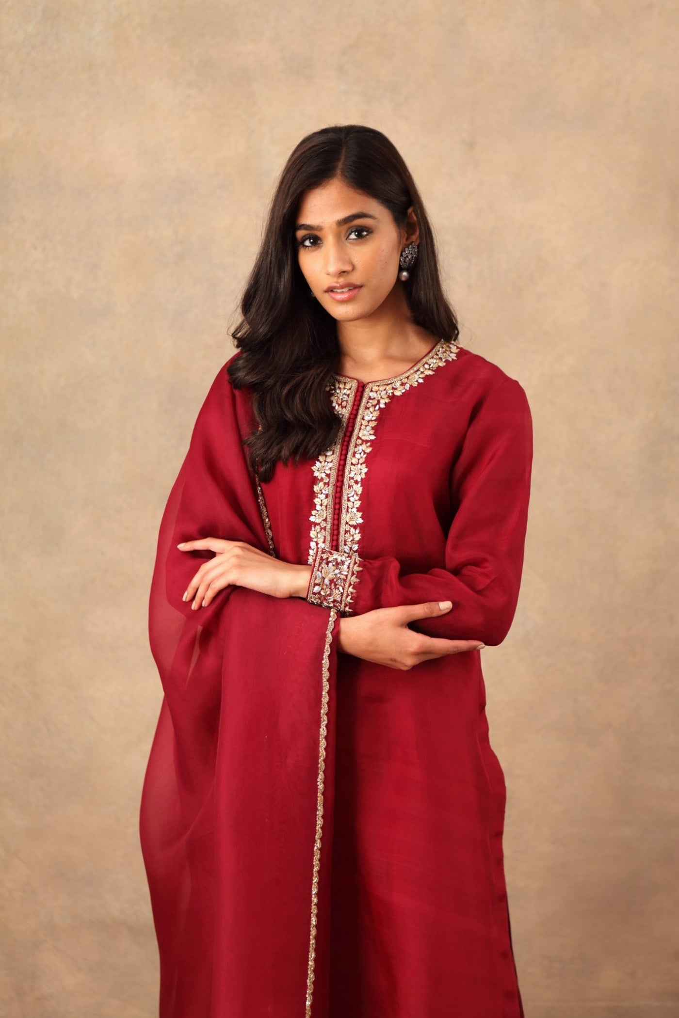 Hand Embroidered Wine Coloured Pure Katan Silk Kurta Churidaar Set