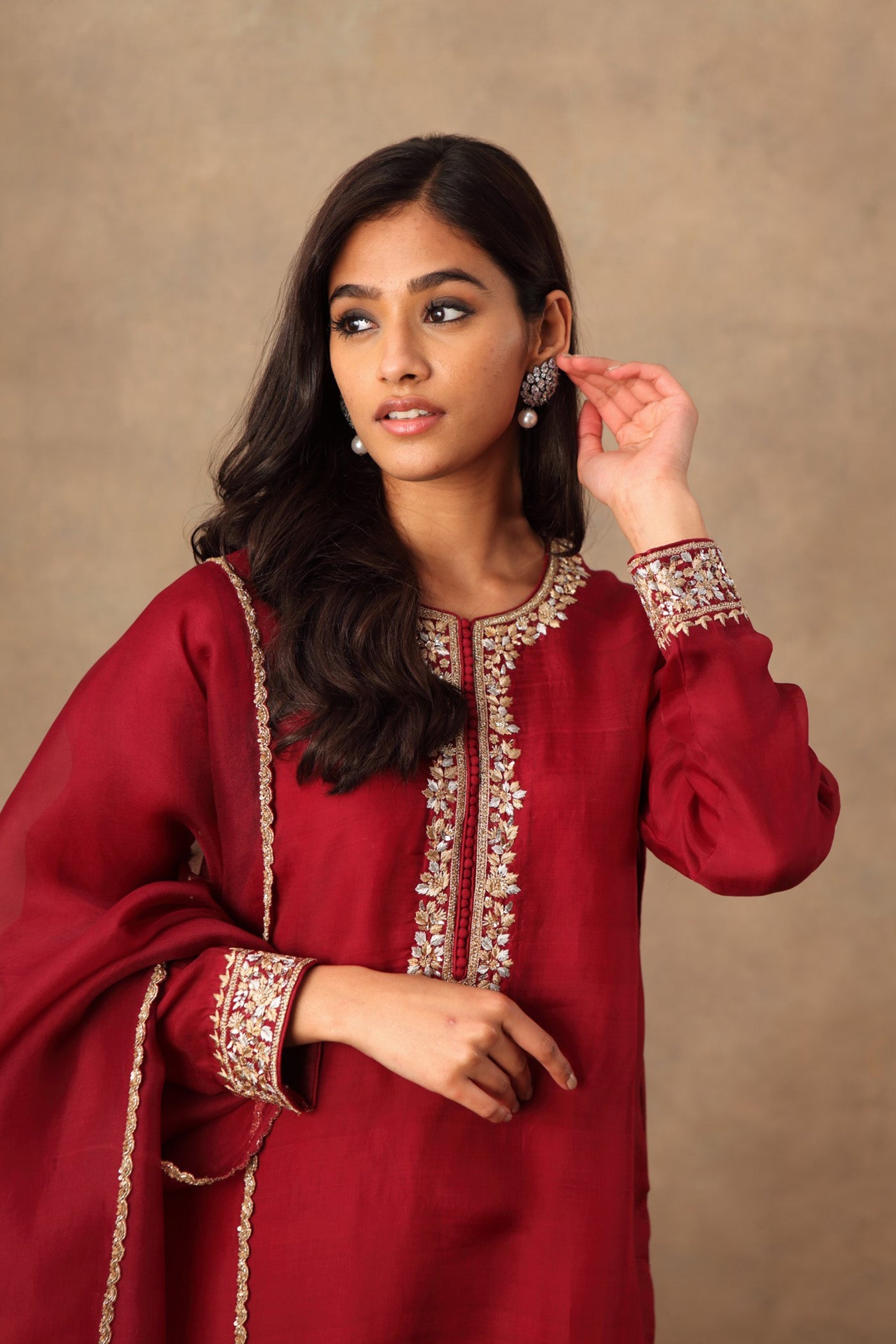 Hand Embroidered Wine Coloured Pure Katan Silk Kurta Churidaar Set