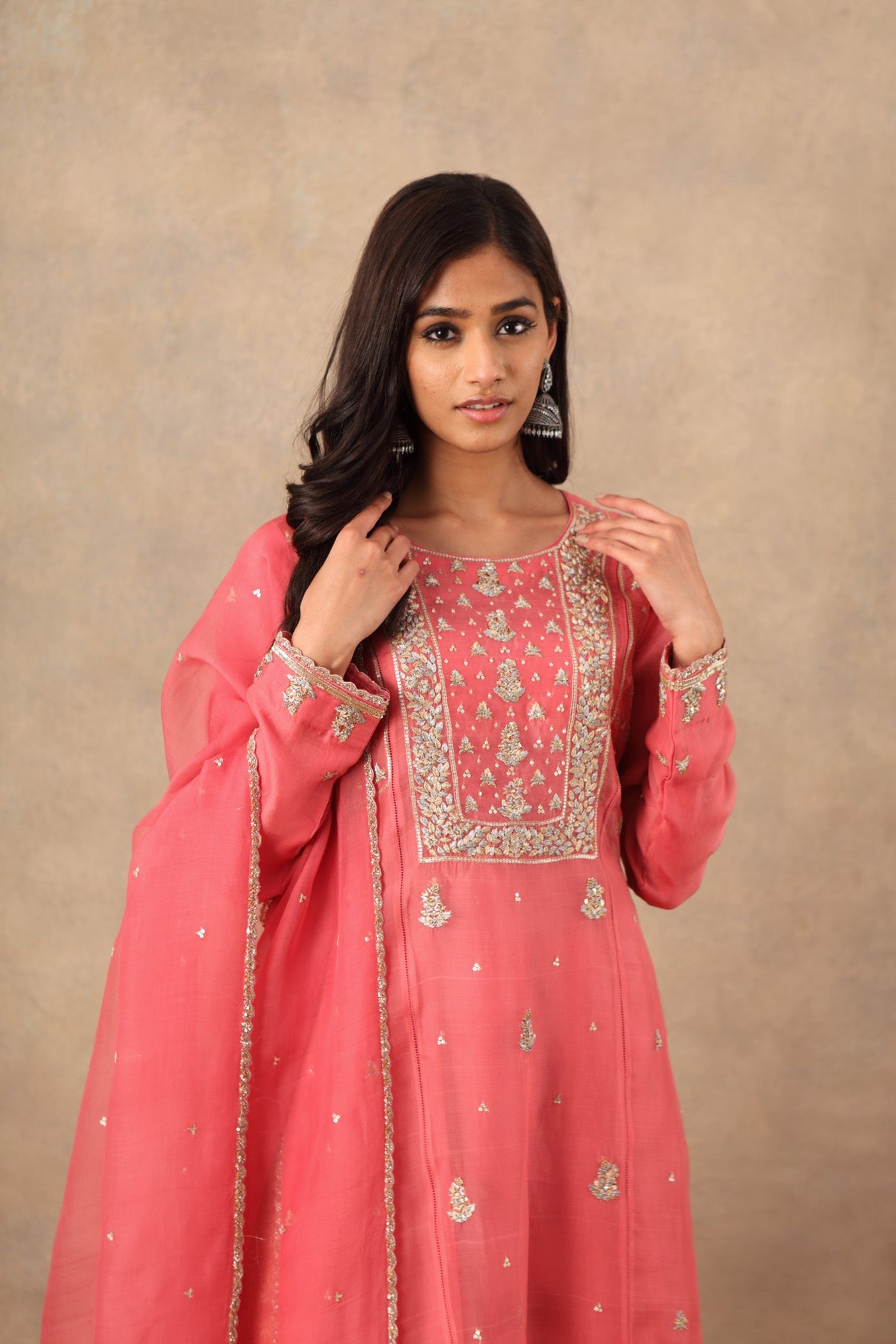 Hand Embroidered Honeysuckle Pink Pure Katan Silk Kurta Palazzo Set