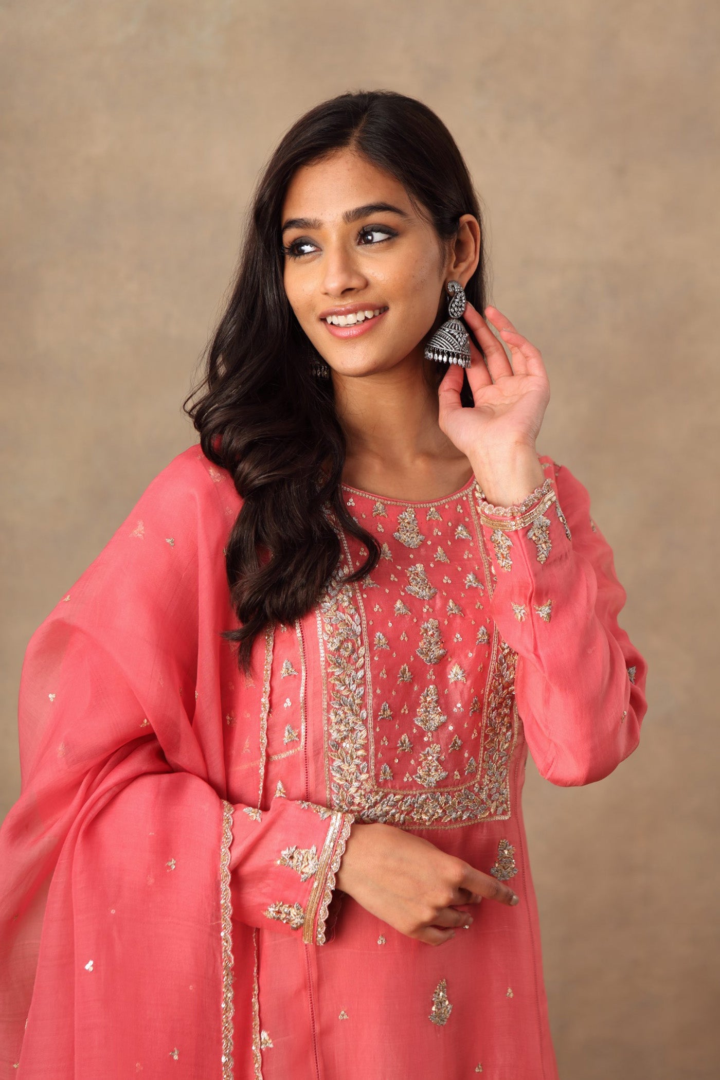 Hand Embroidered Honeysuckle Pink Pure Katan Silk Kurta Palazzo Set