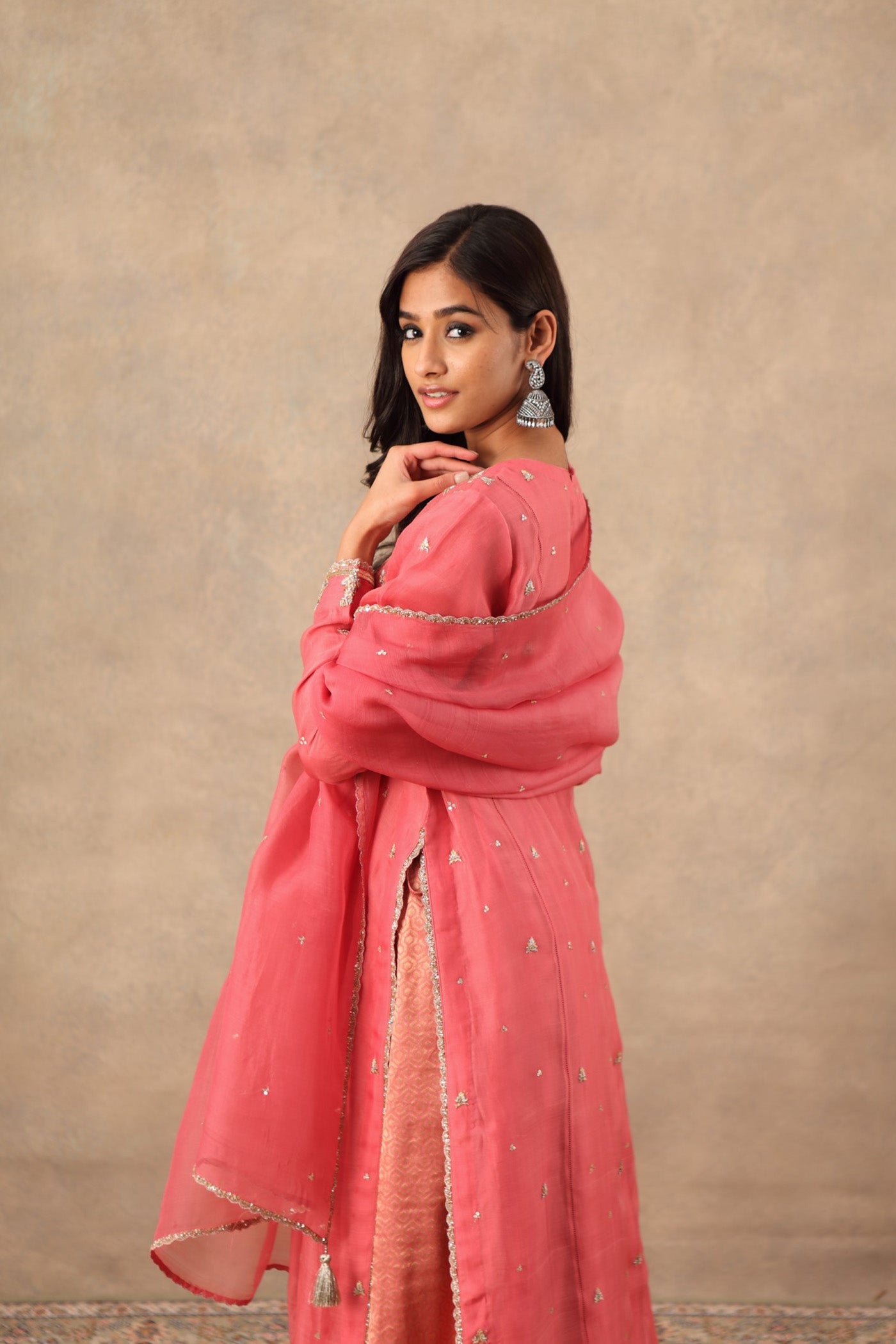 Hand Embroidered Honeysuckle Pink Pure Katan Silk Kurta Palazzo Set