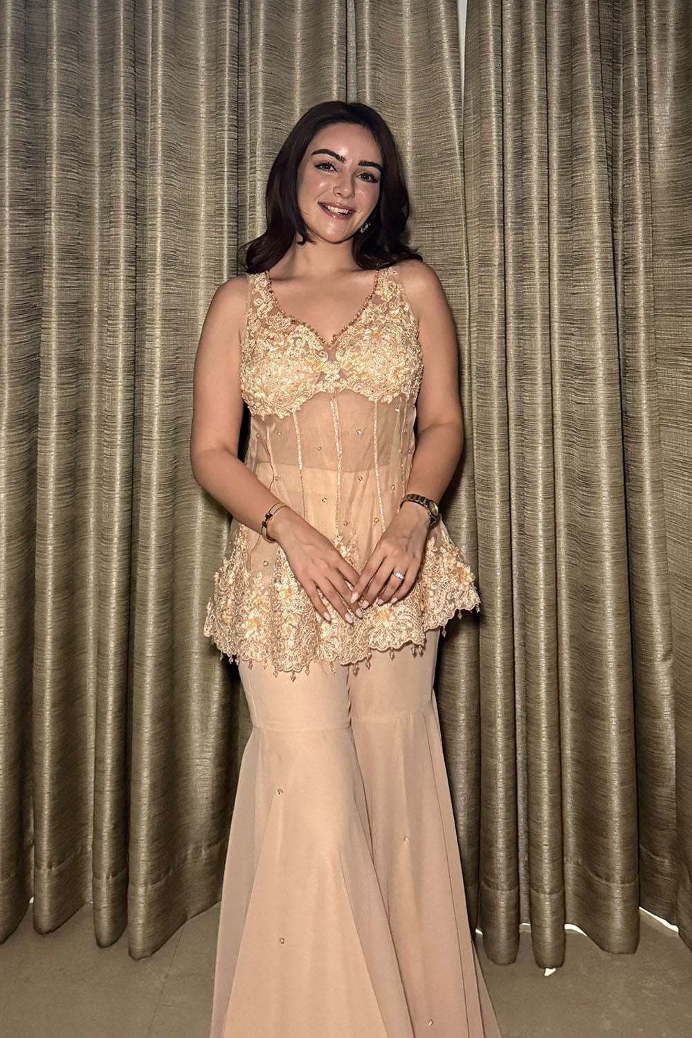 Soorat Peach Peplum Short Kurta with Flowy Georgette Sharara