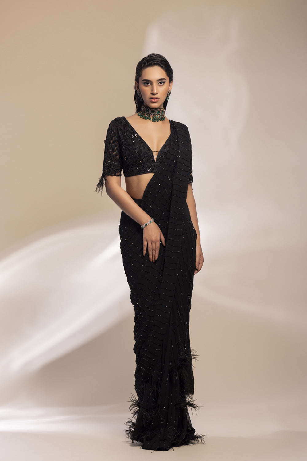 Black Saree With Feather Motifs + Embellished Blouse With An Additinal Waiscoat To Accessorize - Auraya Fashion - Gee Sin by Geetanjali - 