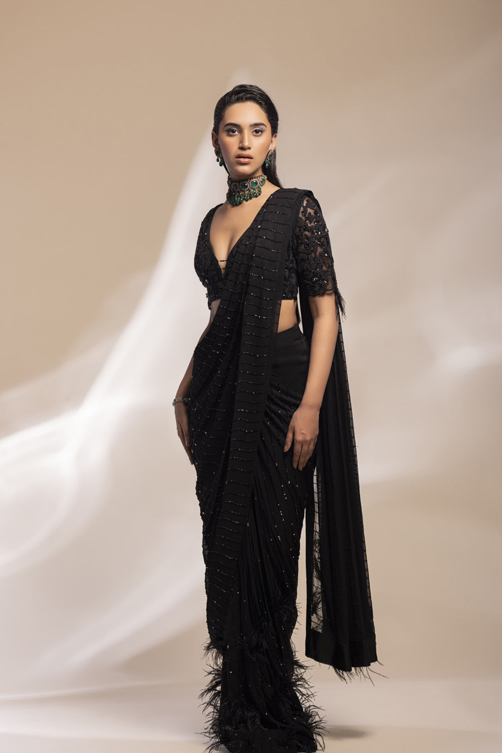 Black Saree With Feather Motifs + Embellished Blouse With An Additinal Waiscoat To Accessorize - Auraya Fashion 