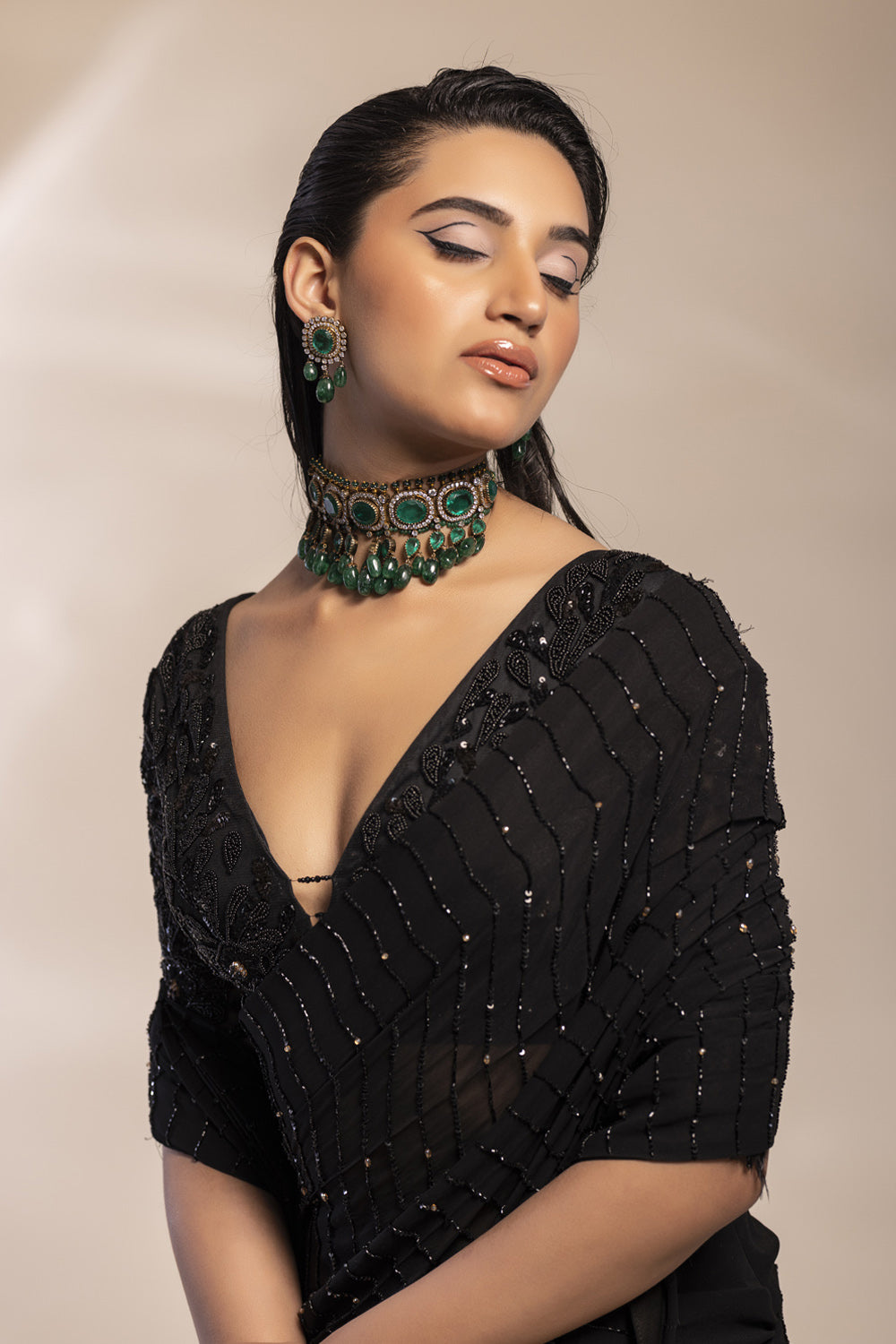 Black Saree With Feather Motifs + Embellished Blouse With An Additinal Waiscoat To Accessorize - Auraya Fashion 