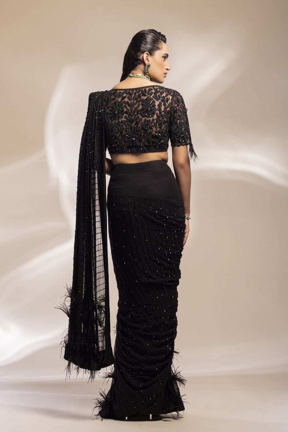 Black Saree With Feather Motifs + Embellished Blouse With An Additinal Waiscoat To Accessorize - Auraya Fashion 