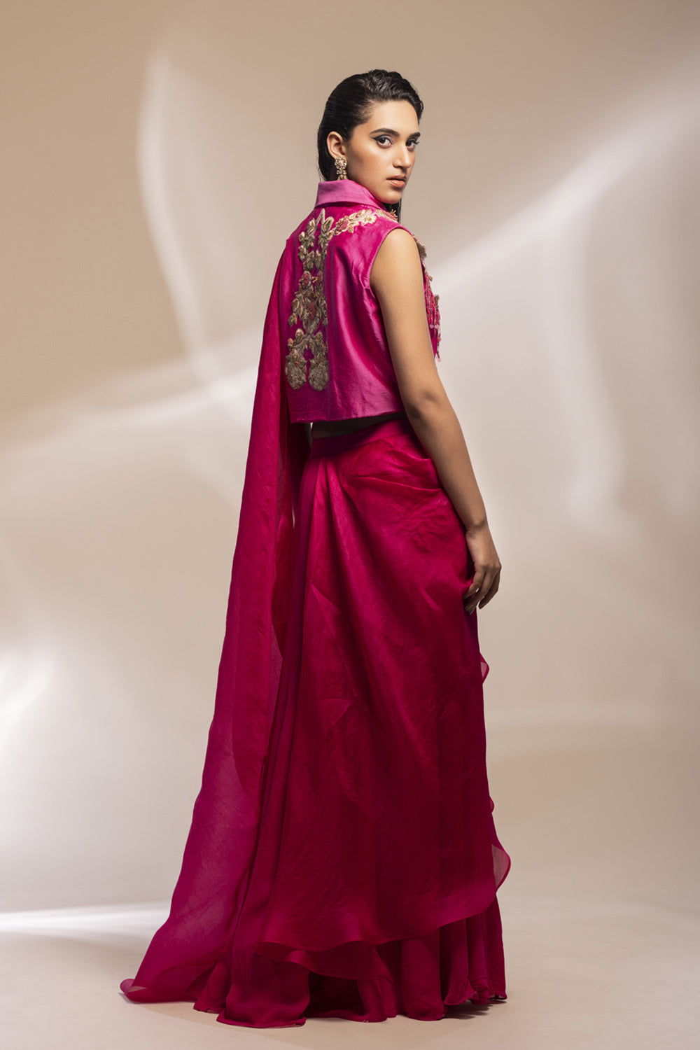 Fuscia Cropped Jacket With Gold Embellishments + Pleated Organza Sharara - Auraya Fashion 