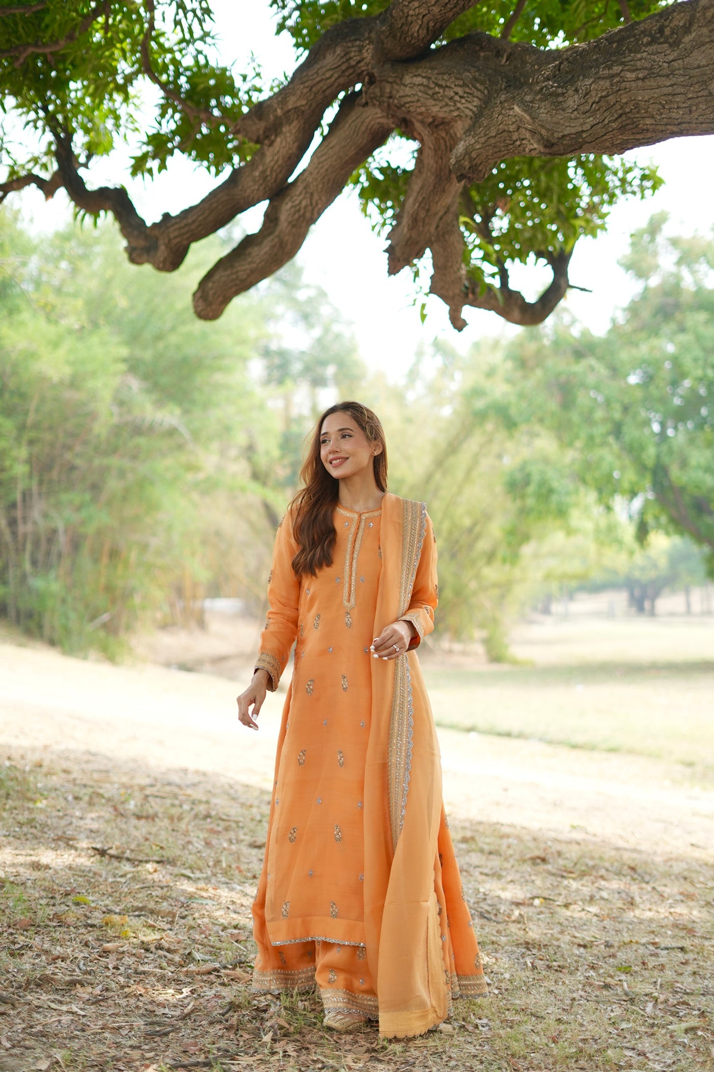 Hand Embroidered Carmine Pink Pure Katan Silk Long Kurta Sharara Set