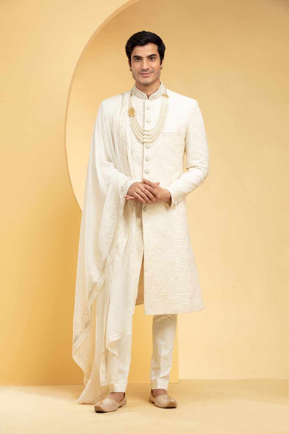 Antique White Sherwani Set With Embellishments - Auraya Fashion - Riyaasat Men - #tag1# - #tag2# - #tag3# - #tag3#