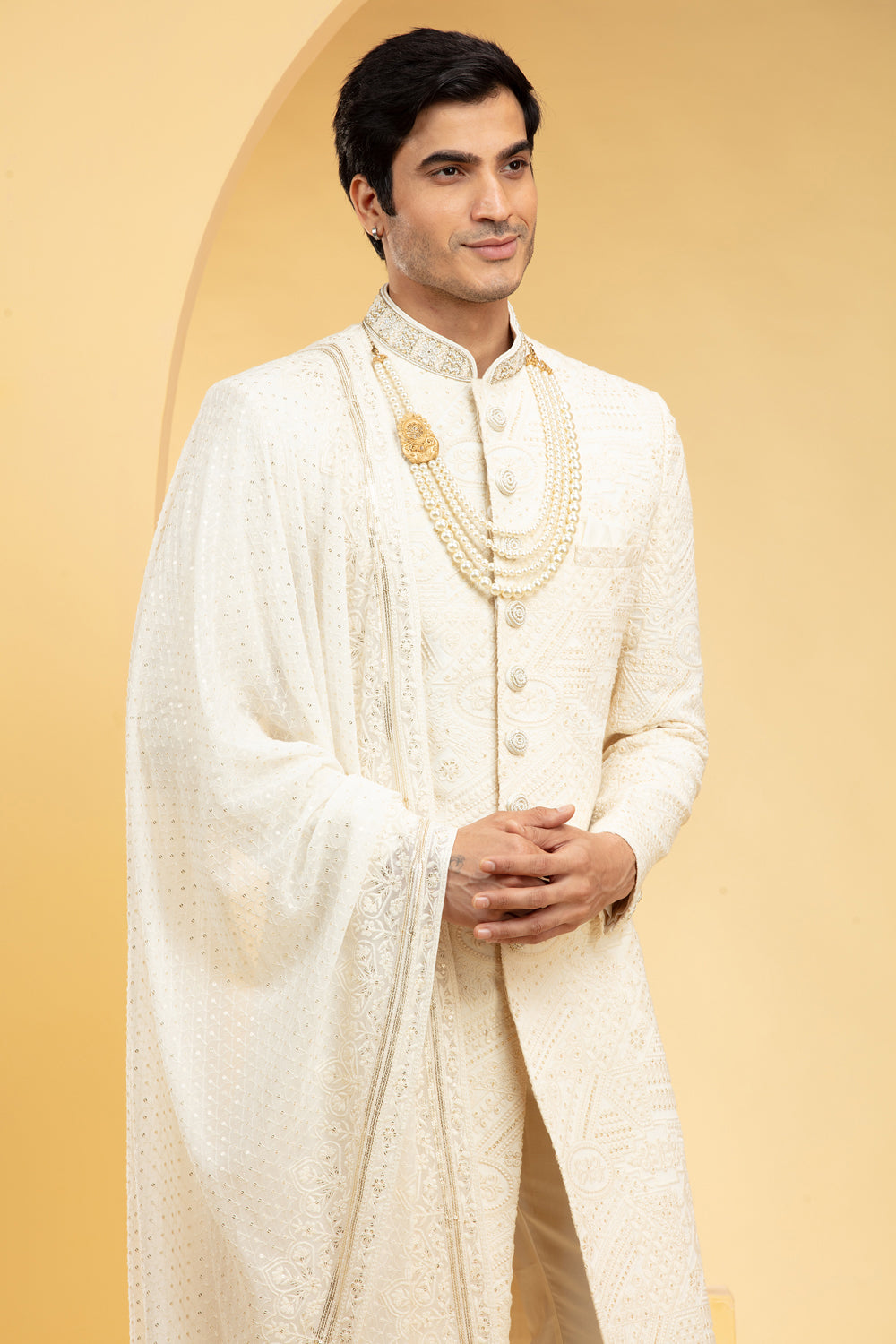 Antique White Sherwani Set With Embellishments - Auraya Fashion -  - #tag1# - #tag2# - #tag3# - #tag3#