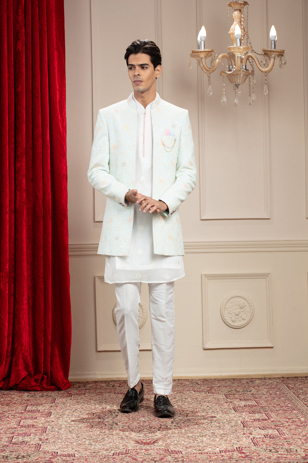 Pearl White And Ice Blue Open Jodhpuri With Resham And Thread Work With Embellishments