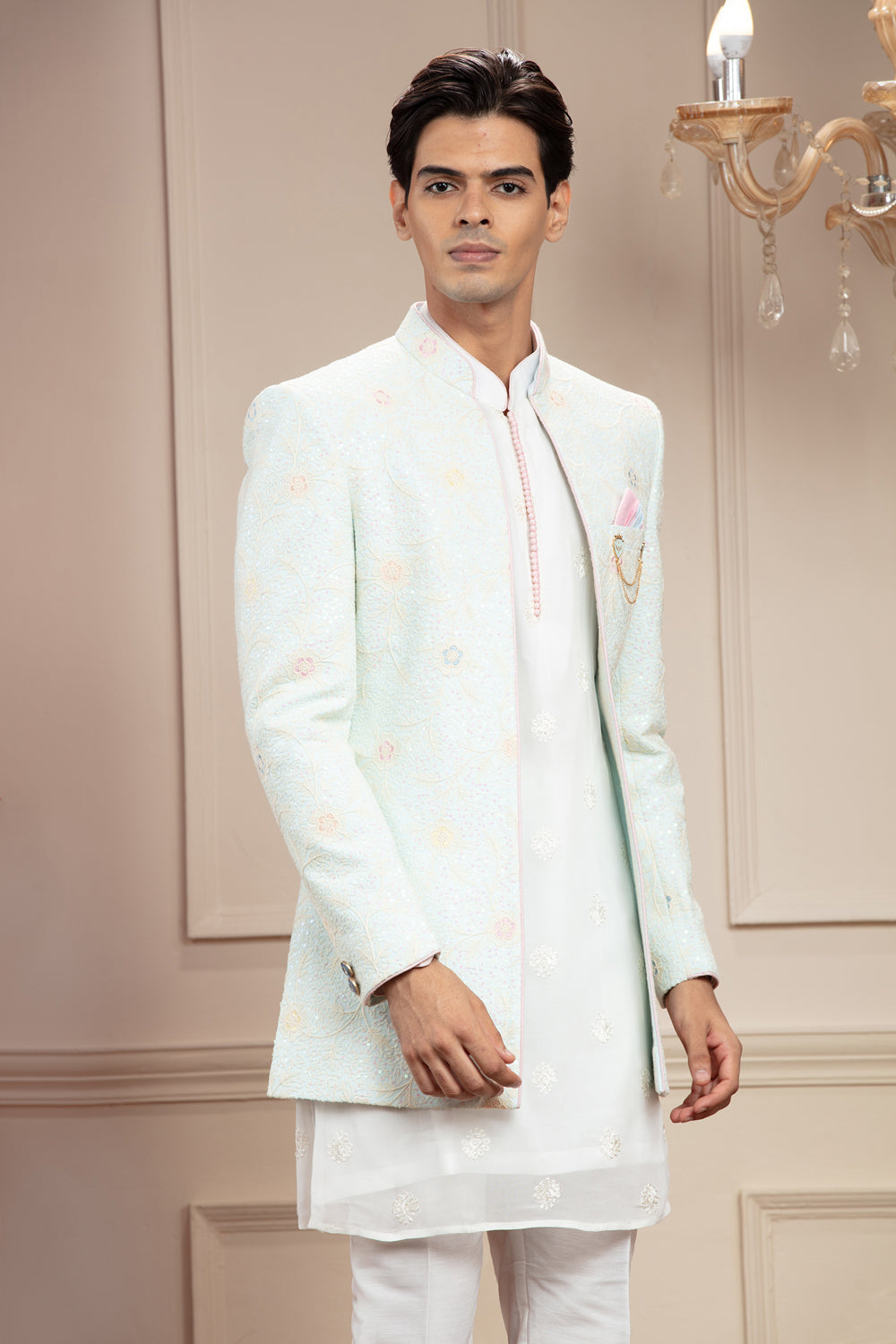 Pearl White And Ice Blue Open Jodhpuri With Resham And Thread Work With Embellishments