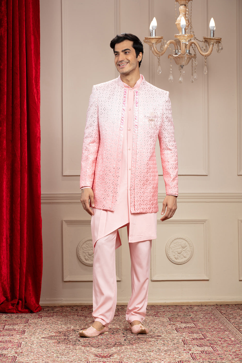 Pastel Pink Asymmetrical Open Jodhpuri Set With Mirror And Sequins