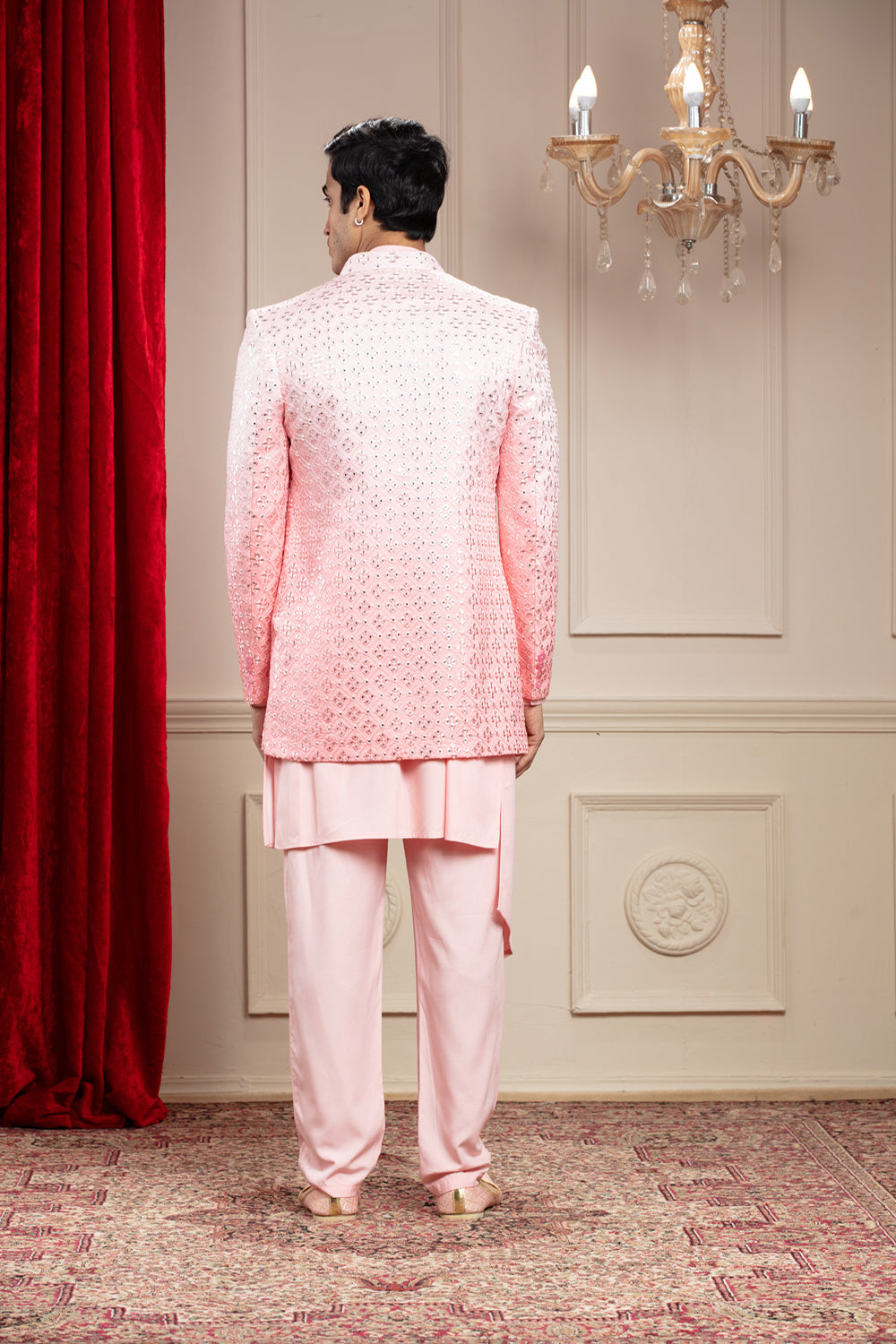 Pastel Pink Asymmetrical Open Jodhpuri Set With Mirror And Sequins