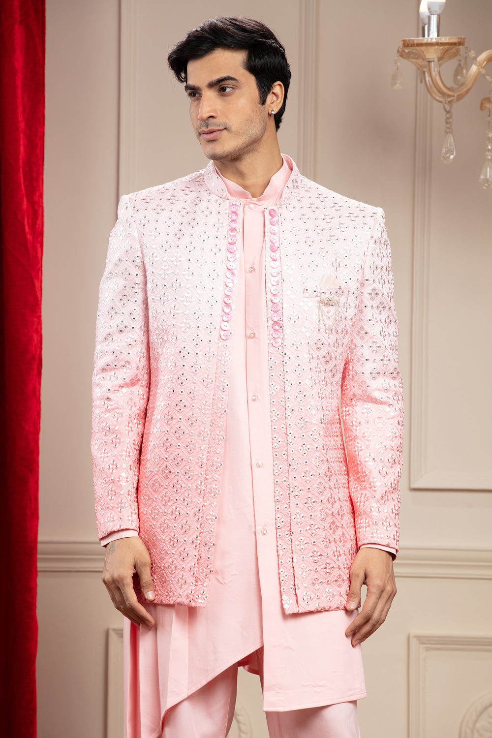 Pastel Pink Asymmetrical Open Jodhpuri Set With Mirror And Sequins