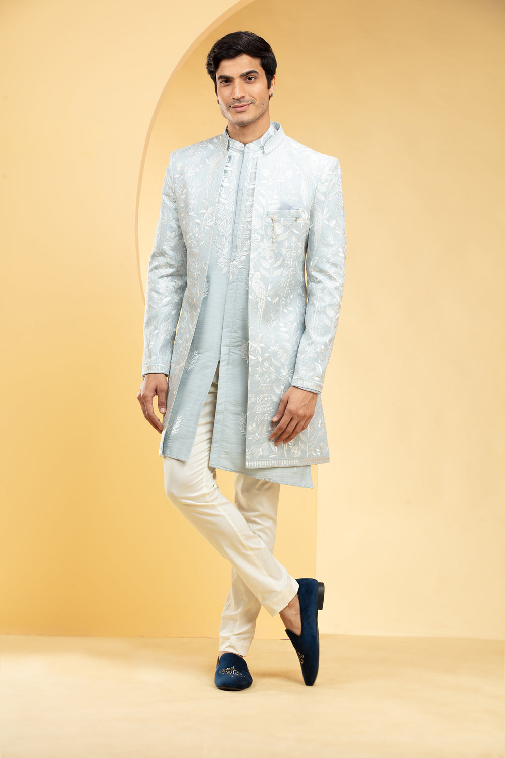 Powder Blue Open Indo Western With All Over Thread Work - Auraya Fashion - Riyaasat Men - #tag1# - #tag2# - #tag3# - #tag3#